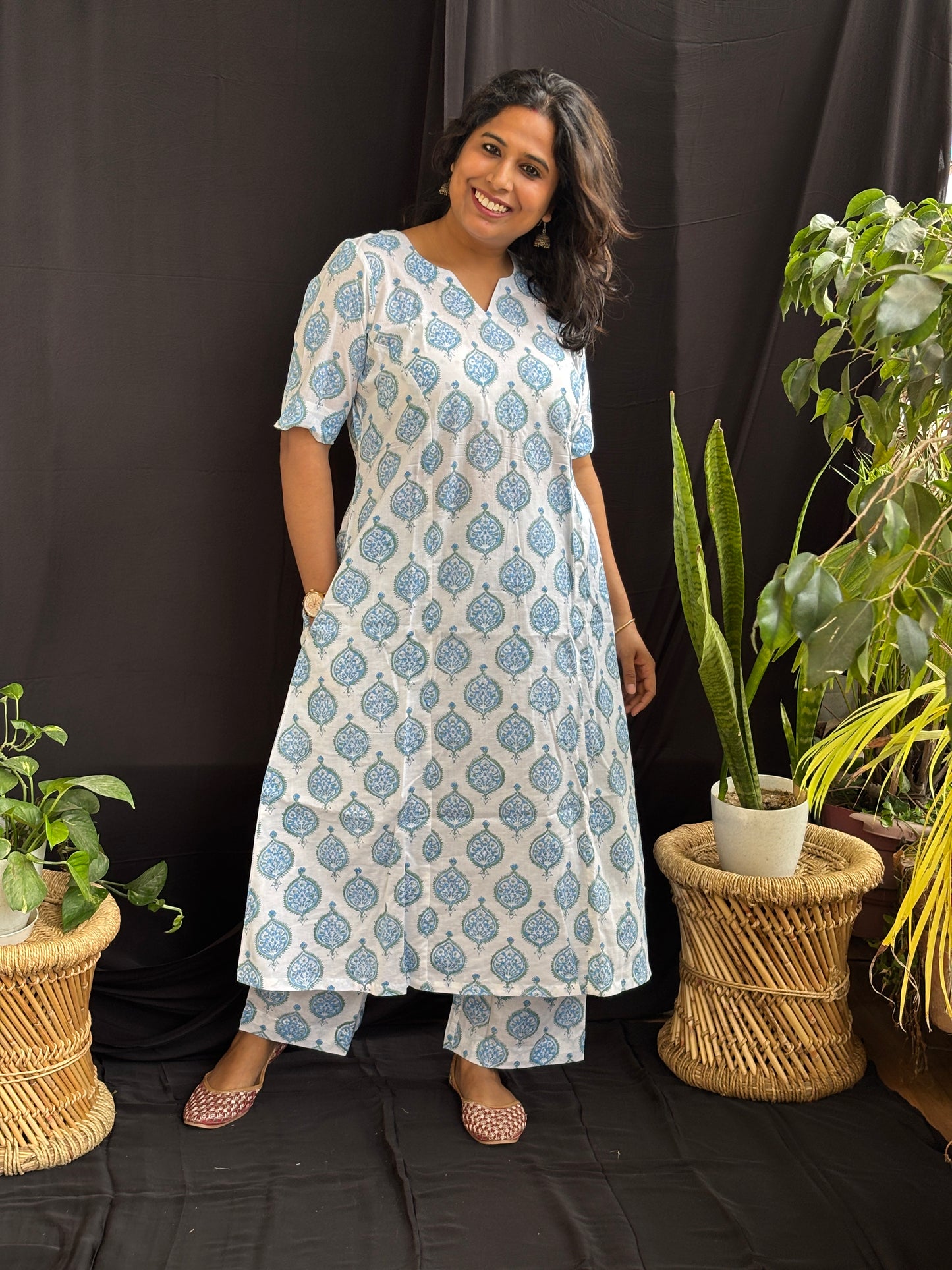 Sangeneri Block Printed A-Line White Cotton Co-Ord Set