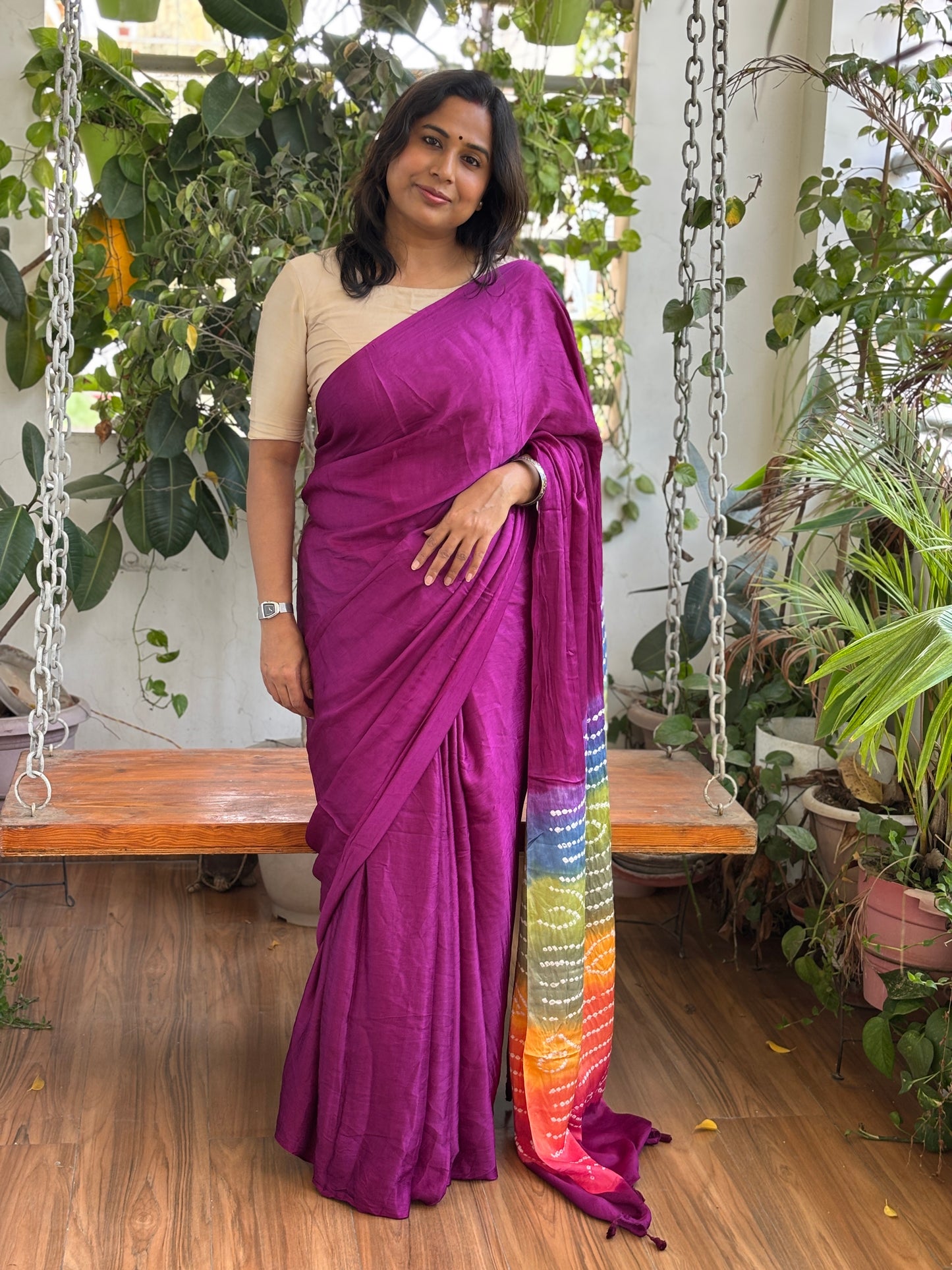 Magenta Solid Colour  Semi Modal Saree with Multi Colour Bandhej Palla