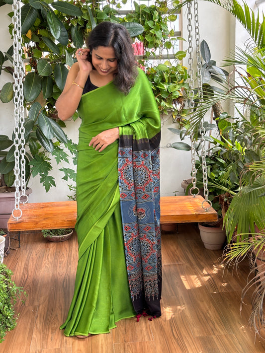 Snigdha - Oreo Green Solid Colur Body With Natural Dyed Indigo Ajrakh Anchal