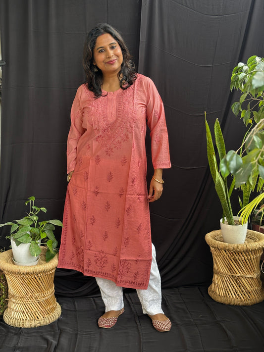 Chanderi Cotton Chikan Hand Embroidered Ombre Dyed Kurti