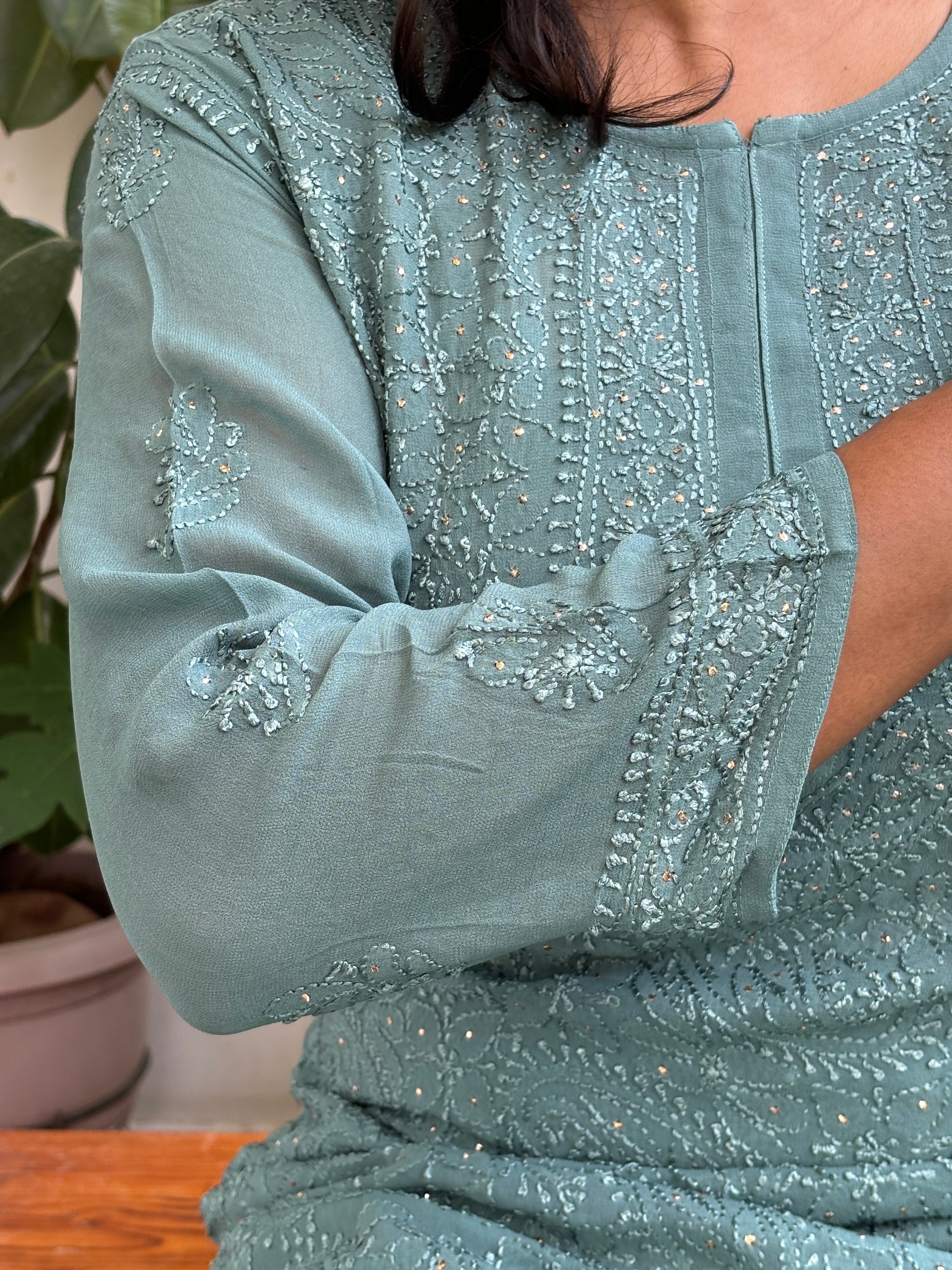 Ash Blue Pure Georgette Resham Dhaga Chikankari Embroidered Kurti with –  Dhaagaa