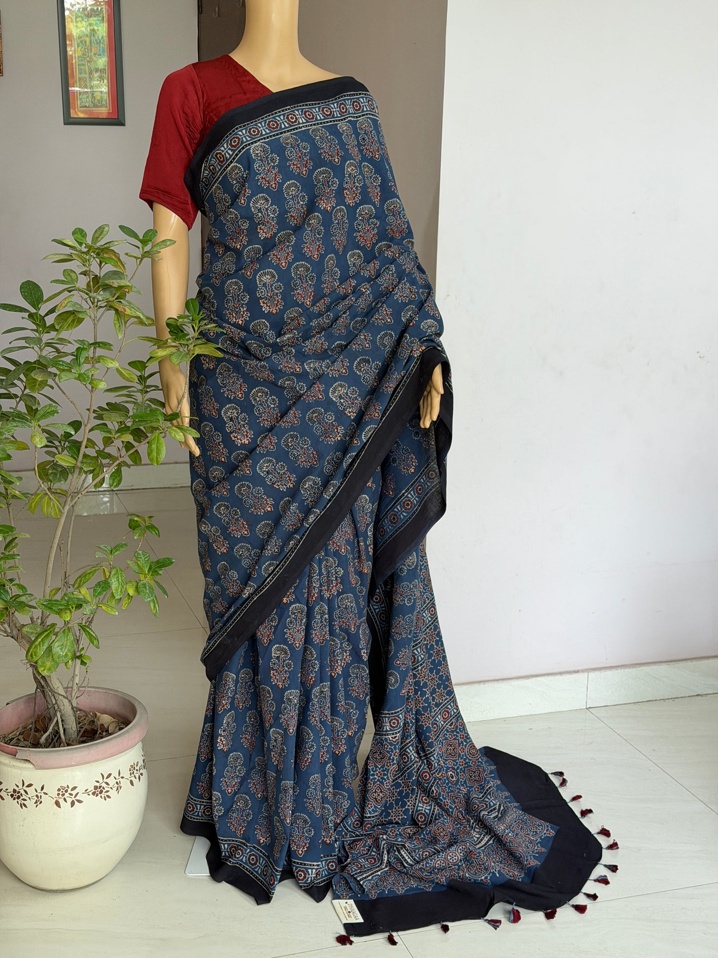 Cotton Ajrakh Hand Block Printed Contemporary Saree