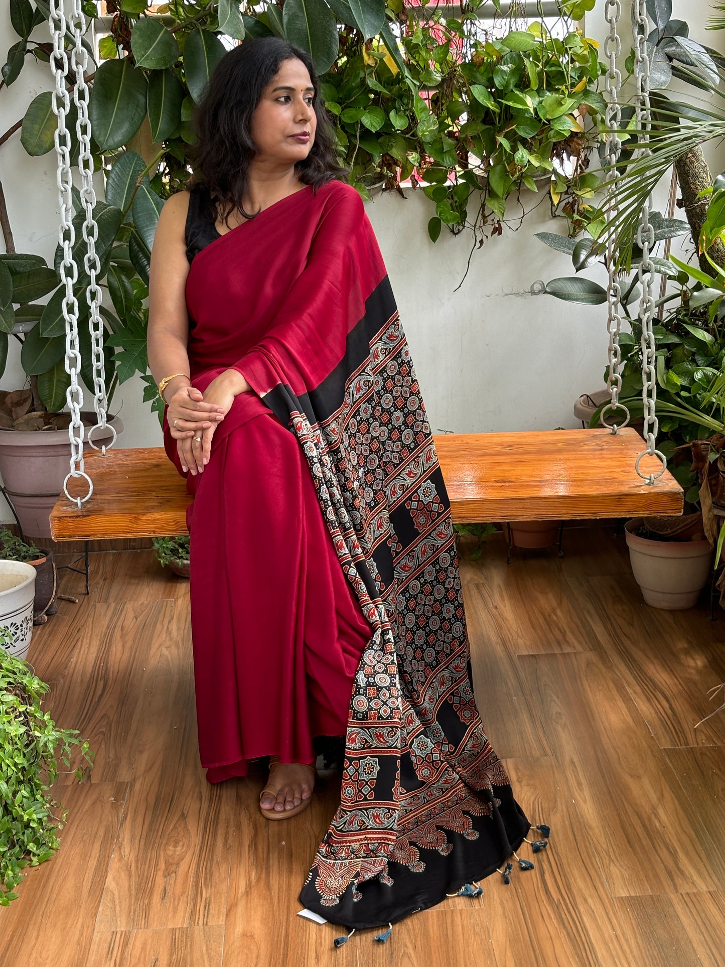 Yamini- Maroonsh Red Solid Colur Body With Natural Dyed Black Ajrakh Anchal