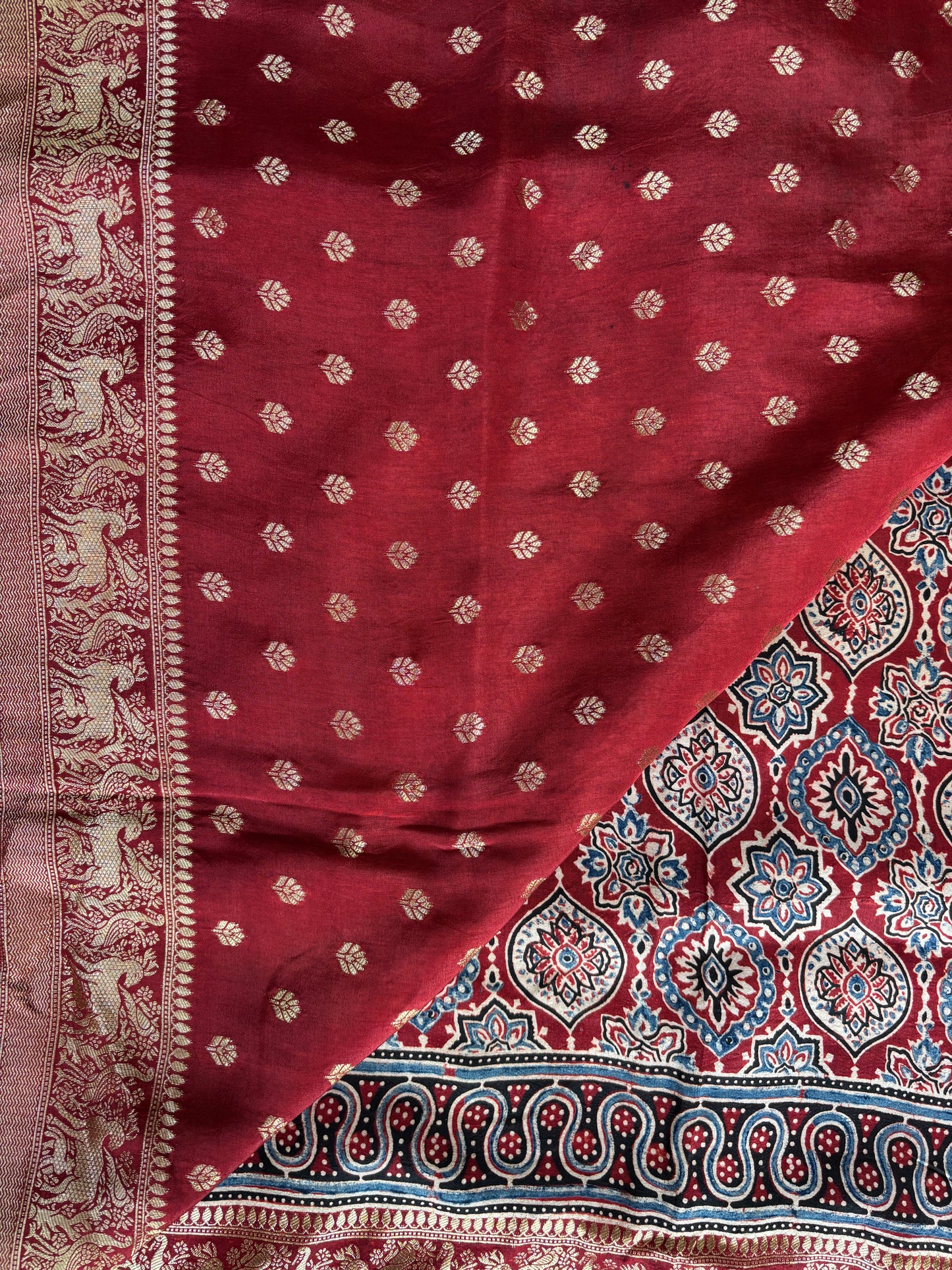 Madder Red Ajrakh Hand Block Printed Badambuta Dola Silk Saree