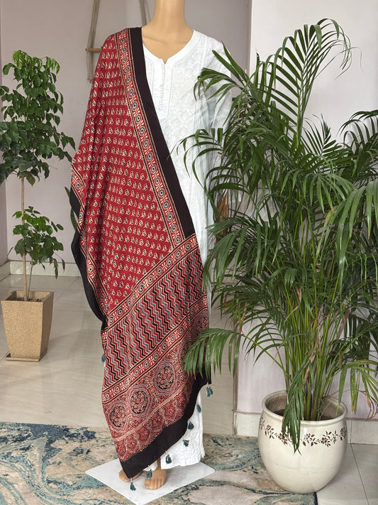 Laal Kamal Madder Colour Ajrakh Modal Stole With Lotus Motifs