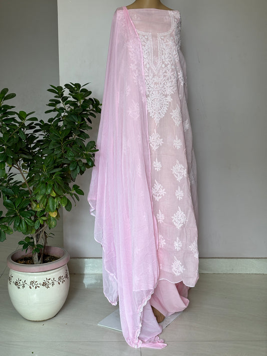 Baby Pink Pink  Chikankari Hand Embroidered Shirt and Bottom with Chiffon Dupatta