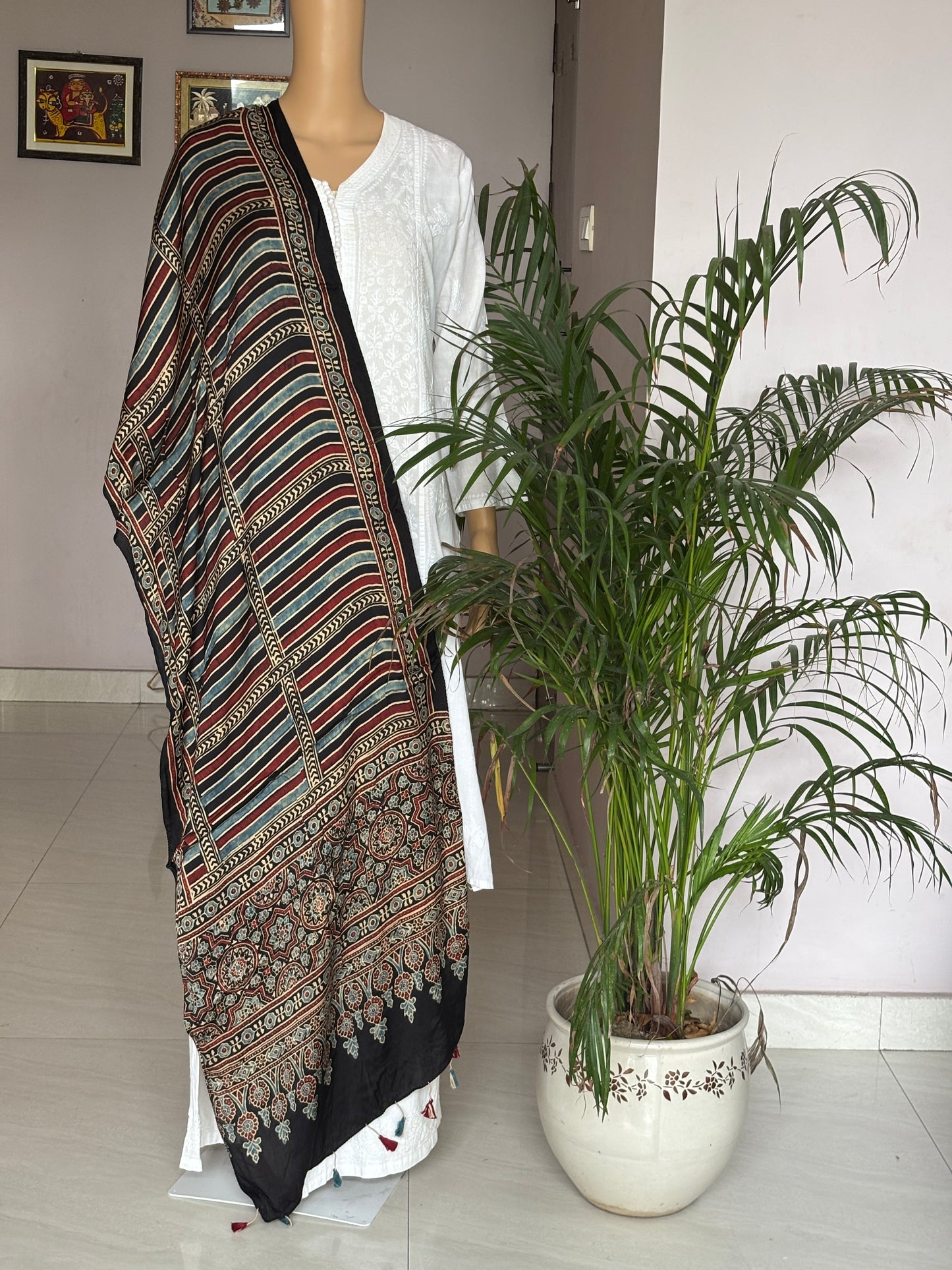 Ajrakh modal stole, black stripe  stole, front view.