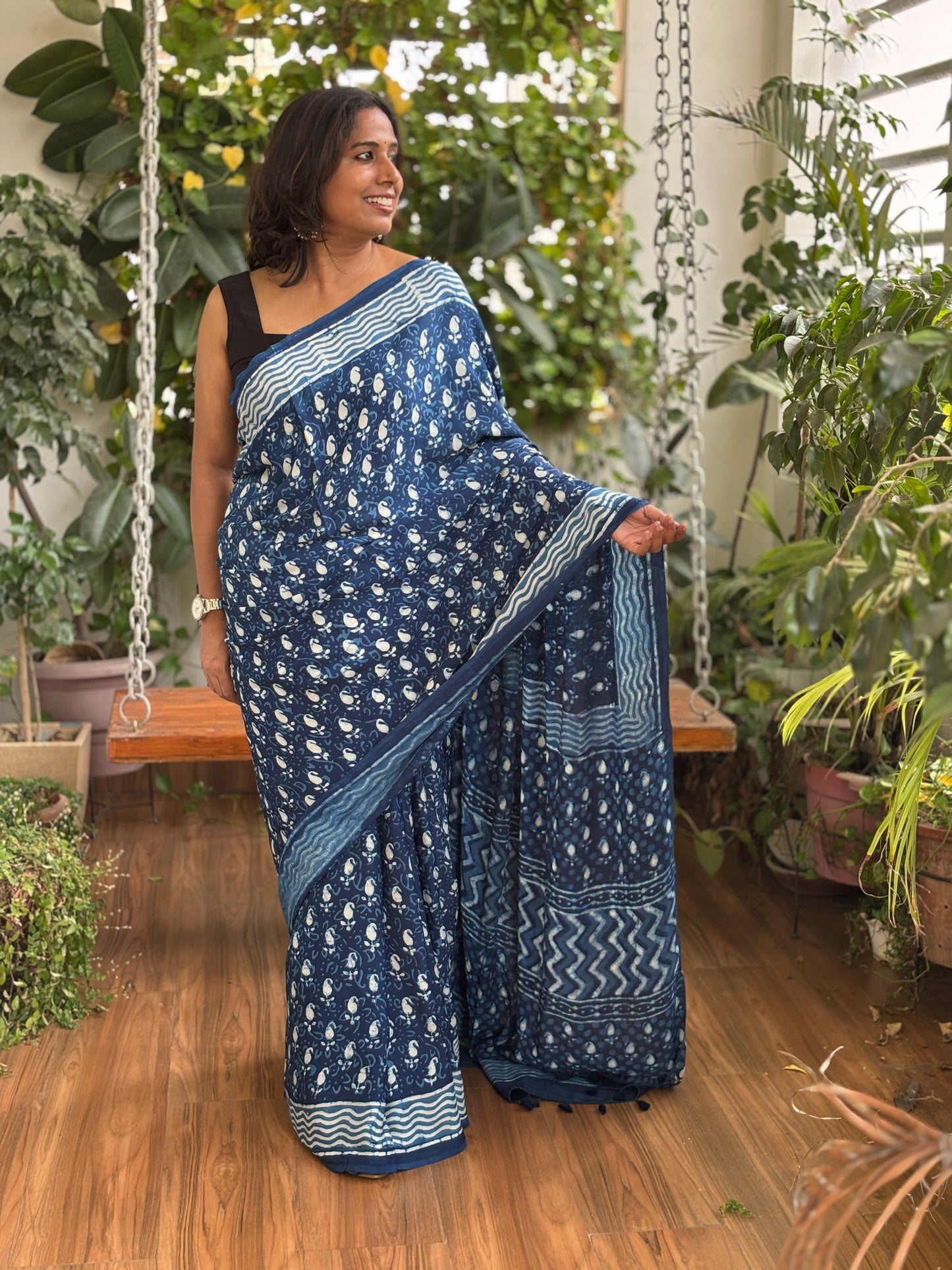 Indigo Dabu Hand Block Printed Modal Saree