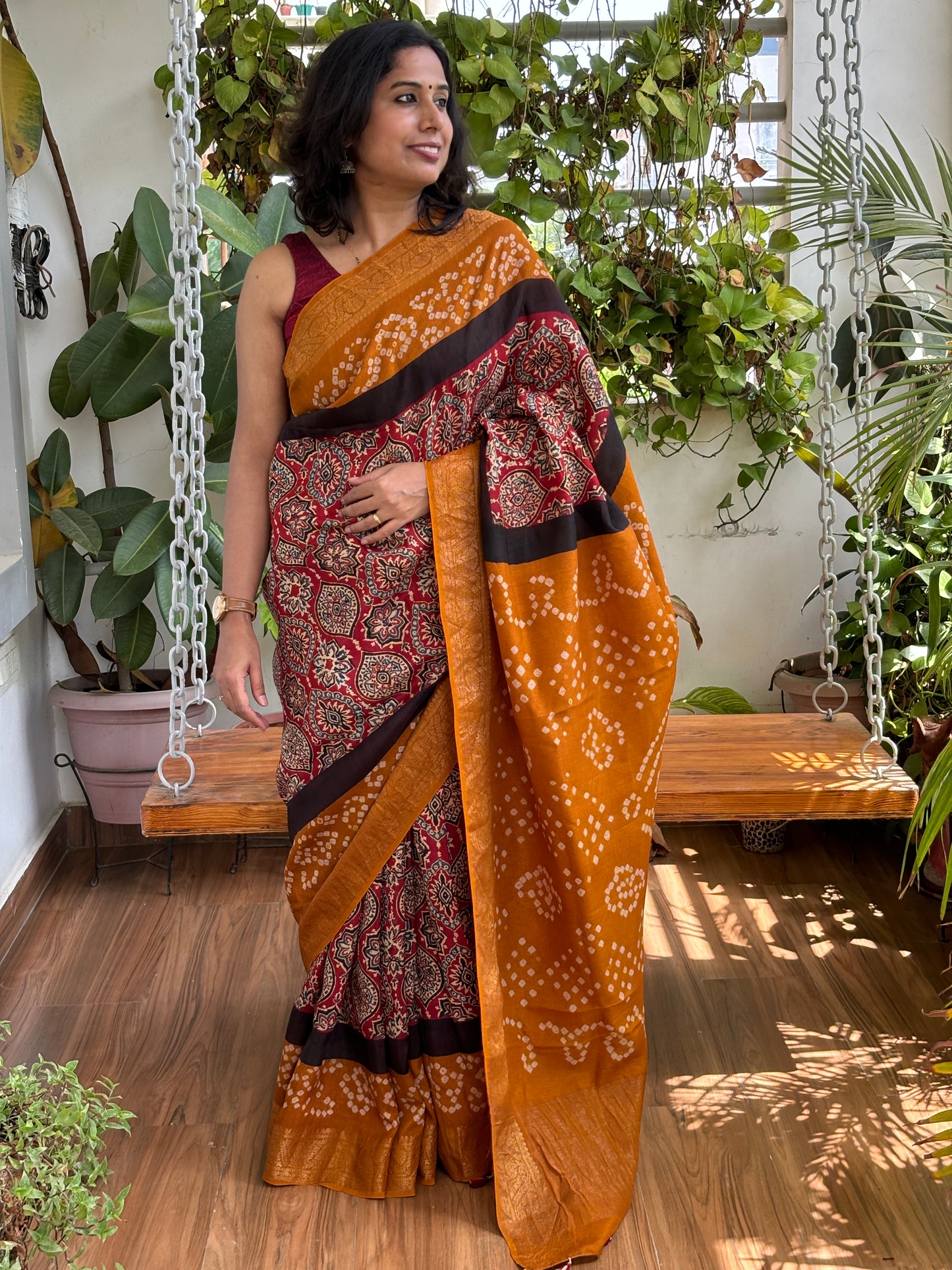 Shital- Dola Silk Natiral Dyed Ajrakh with Bandhej Saree