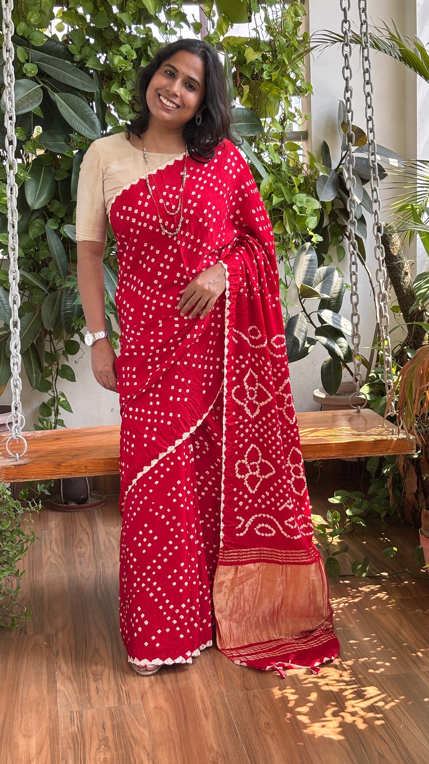Roddur - Red Colour Hand Bandhej Modal Saree