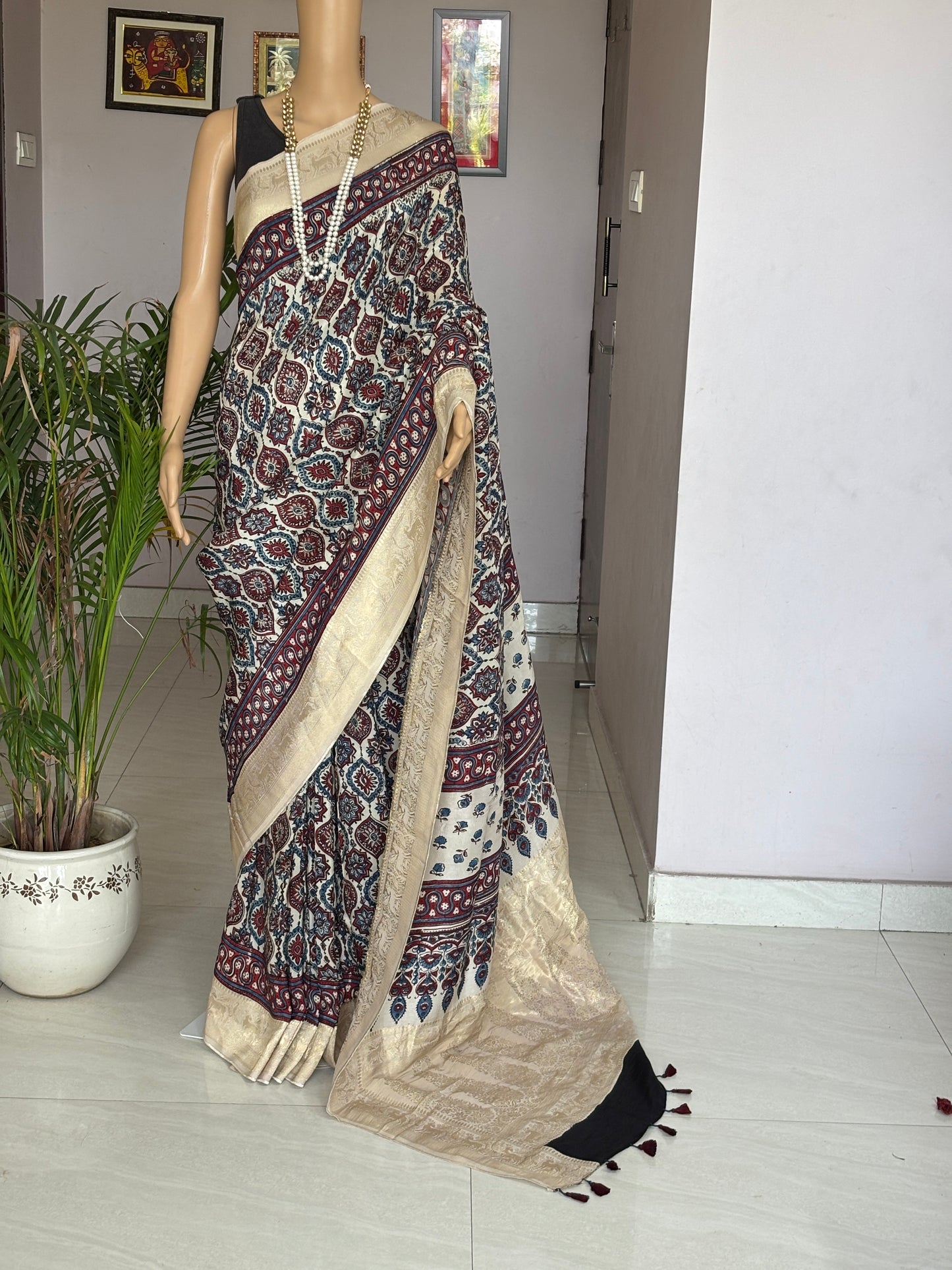 Pale Ivory Ajrakh Hand Block Printed Badambuta Dola Silk Saree