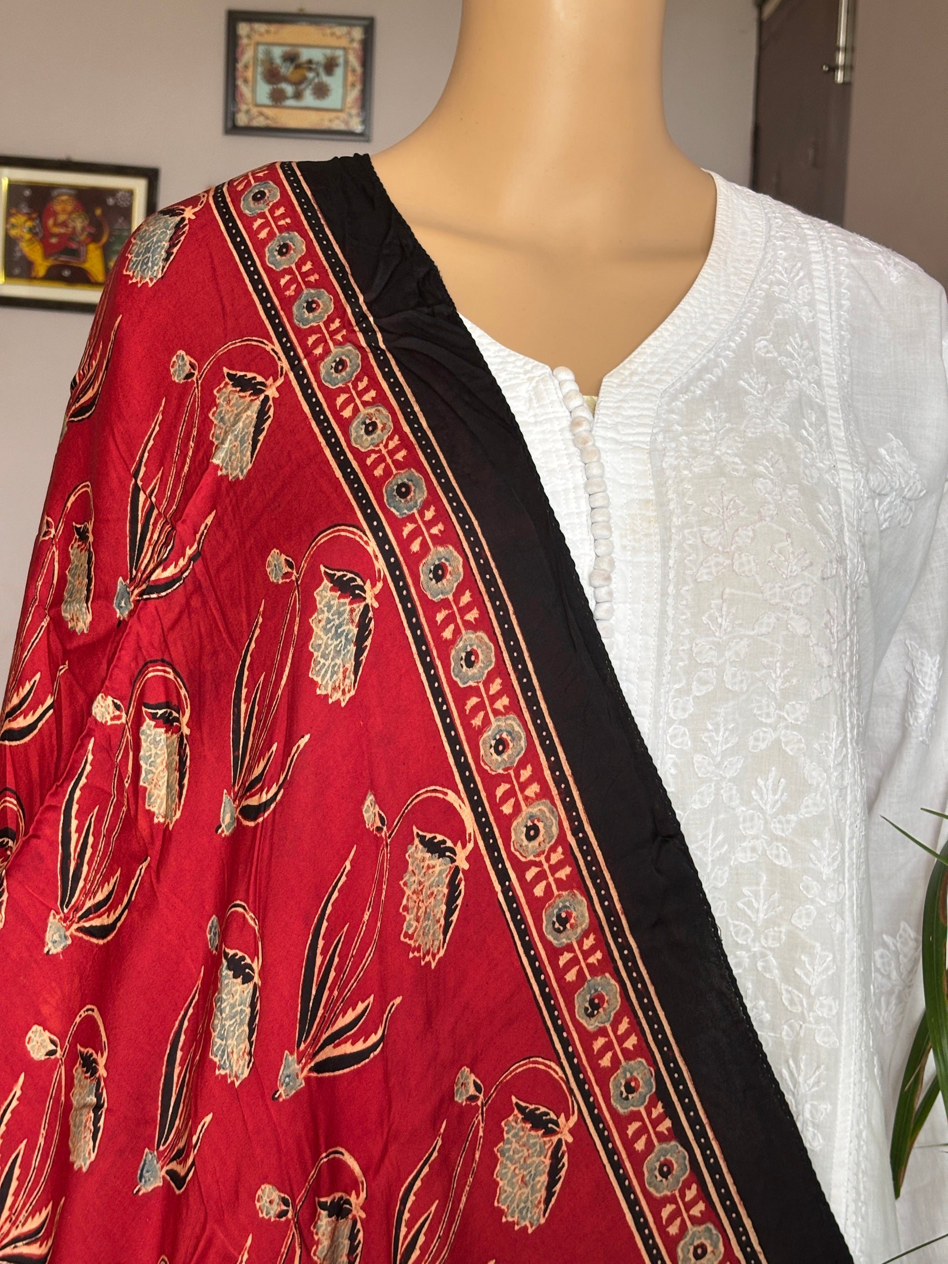 Ajrakh  modal  stole, red big buta  stole, closer view.