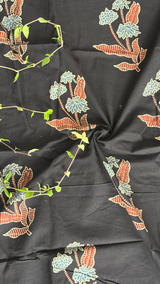 Black Colour Natural Dyed Ajrakh Hand Block Printed Floral Stalk Motif Organic Cotton Fabric