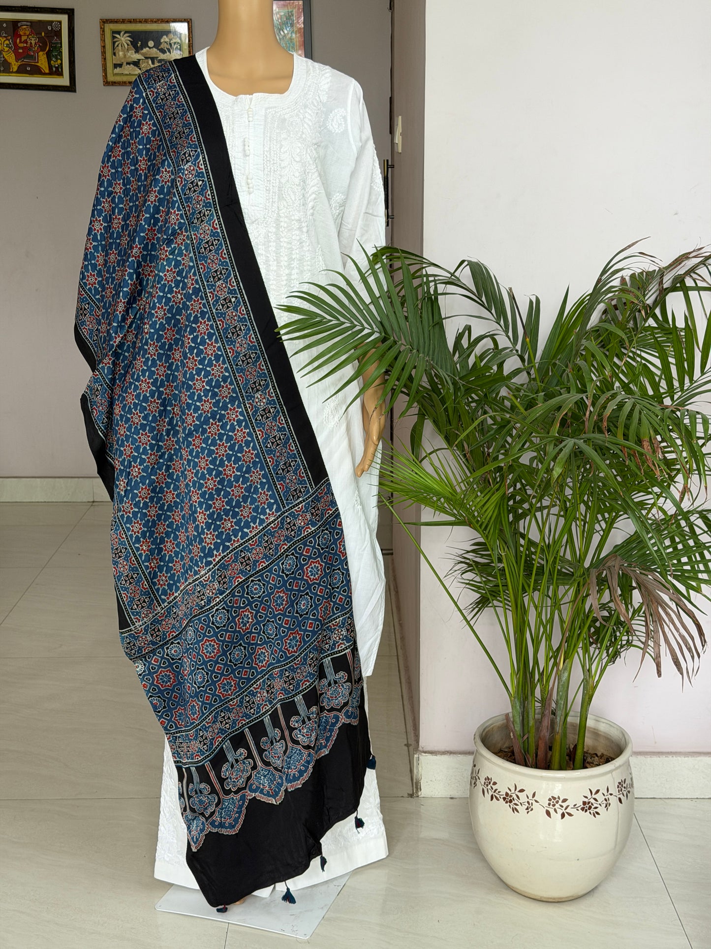 Indigo Contemporary Ajrakh Hand Block Printed Modal Stole