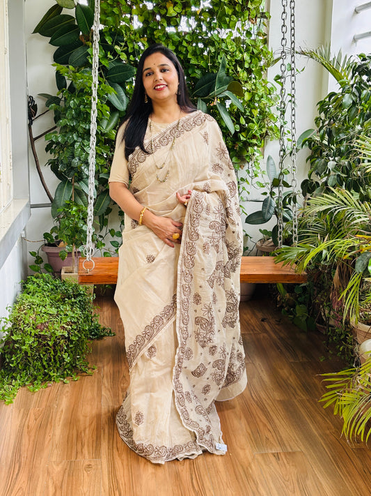Pale Ivory Light Chrushed Candri Cotton Chikankari Hand Embroidered Saree