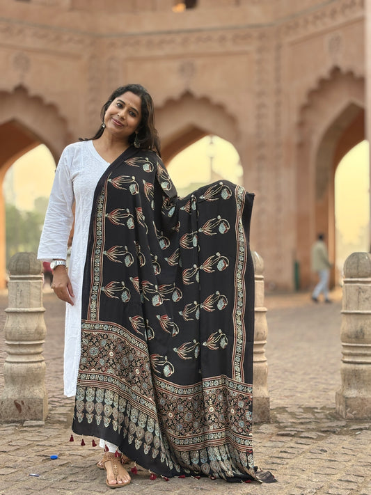 Black Big Floral Stalk Contemporary Dupatta,ajrakh modal black dupatta,front view.