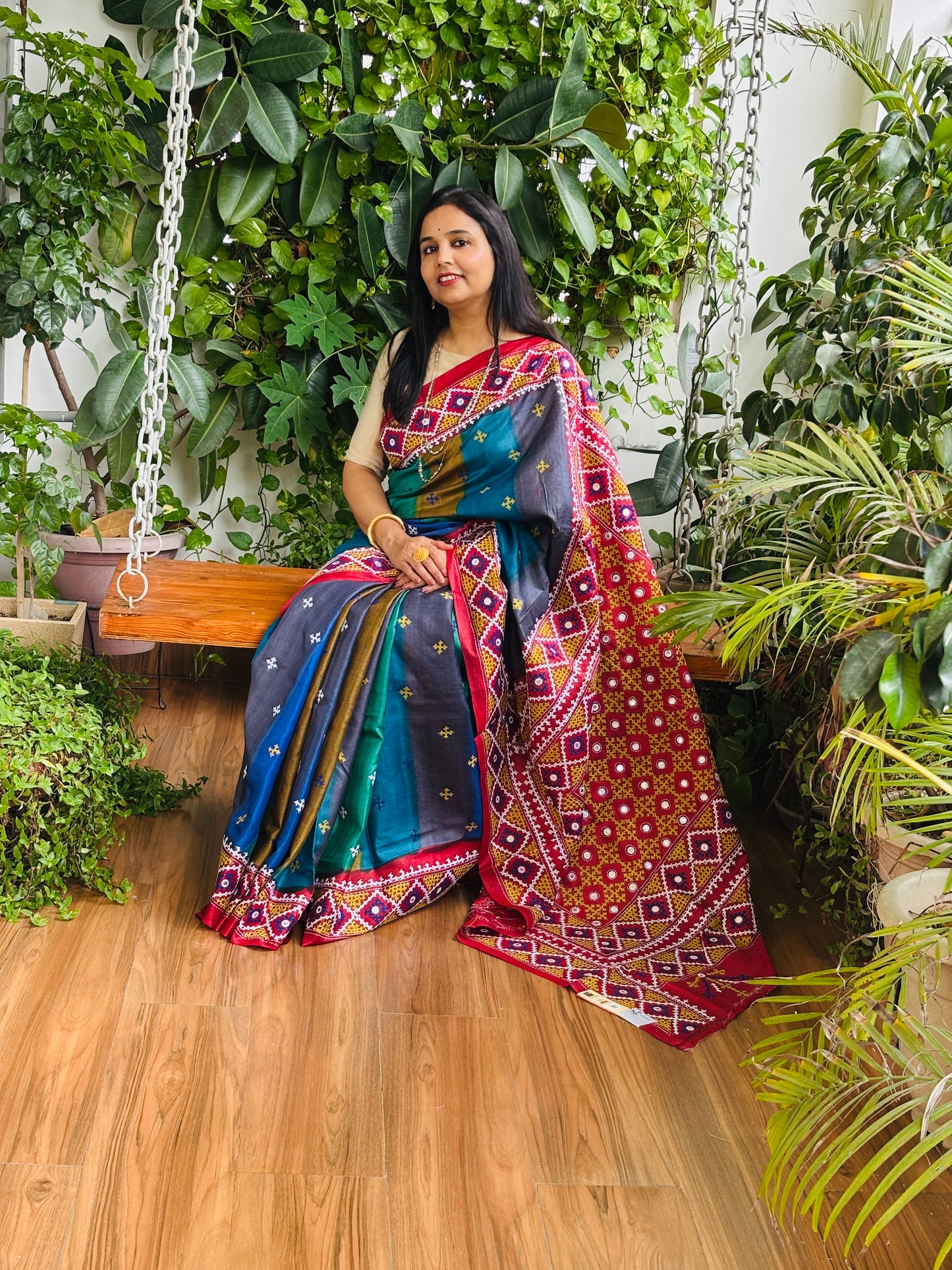 Gujrati Hand Embroidered Pure Tussar Silk Saree in Multi Colour Body and Rust Red Palla