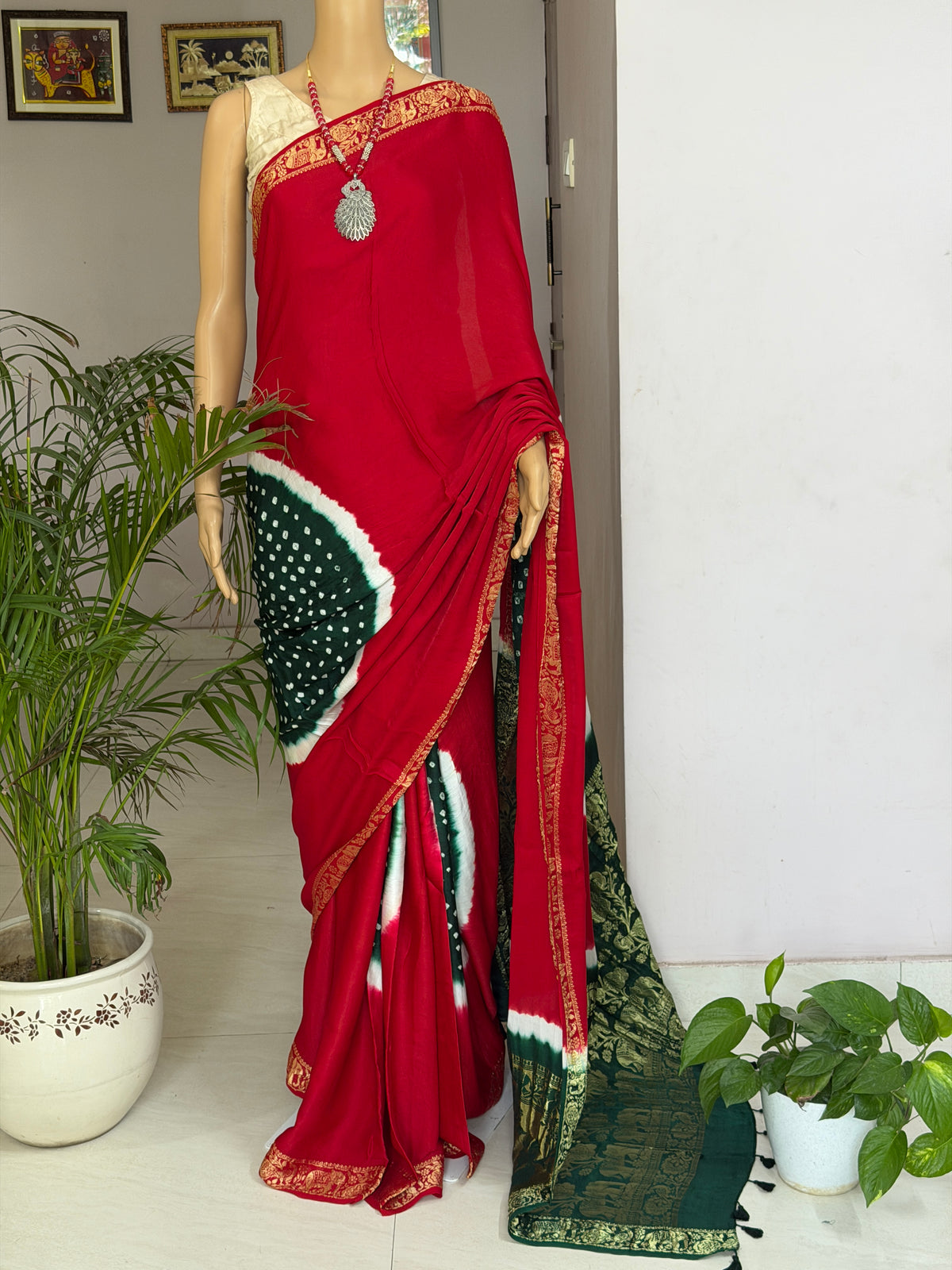 Modal Designer Bandhej Saree With Banarasi Border And Palla