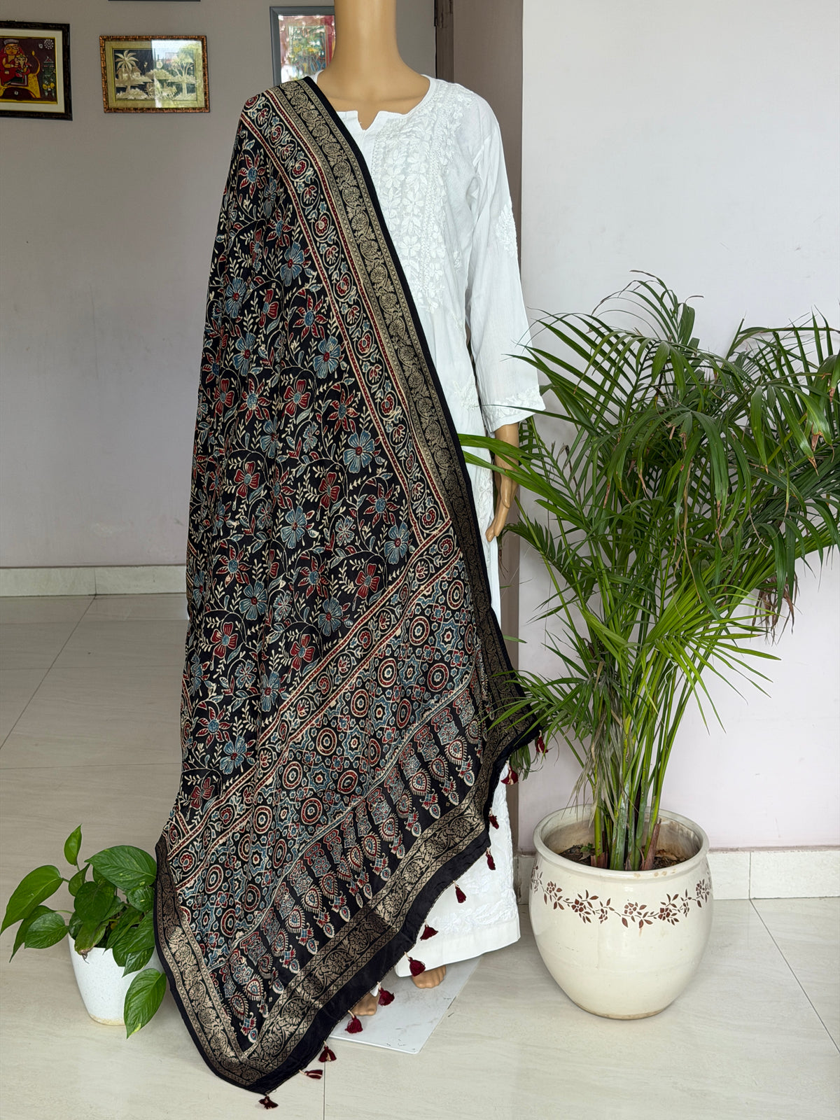 Ajrakh Dola Silk Dupatta With Zari Weaved Border