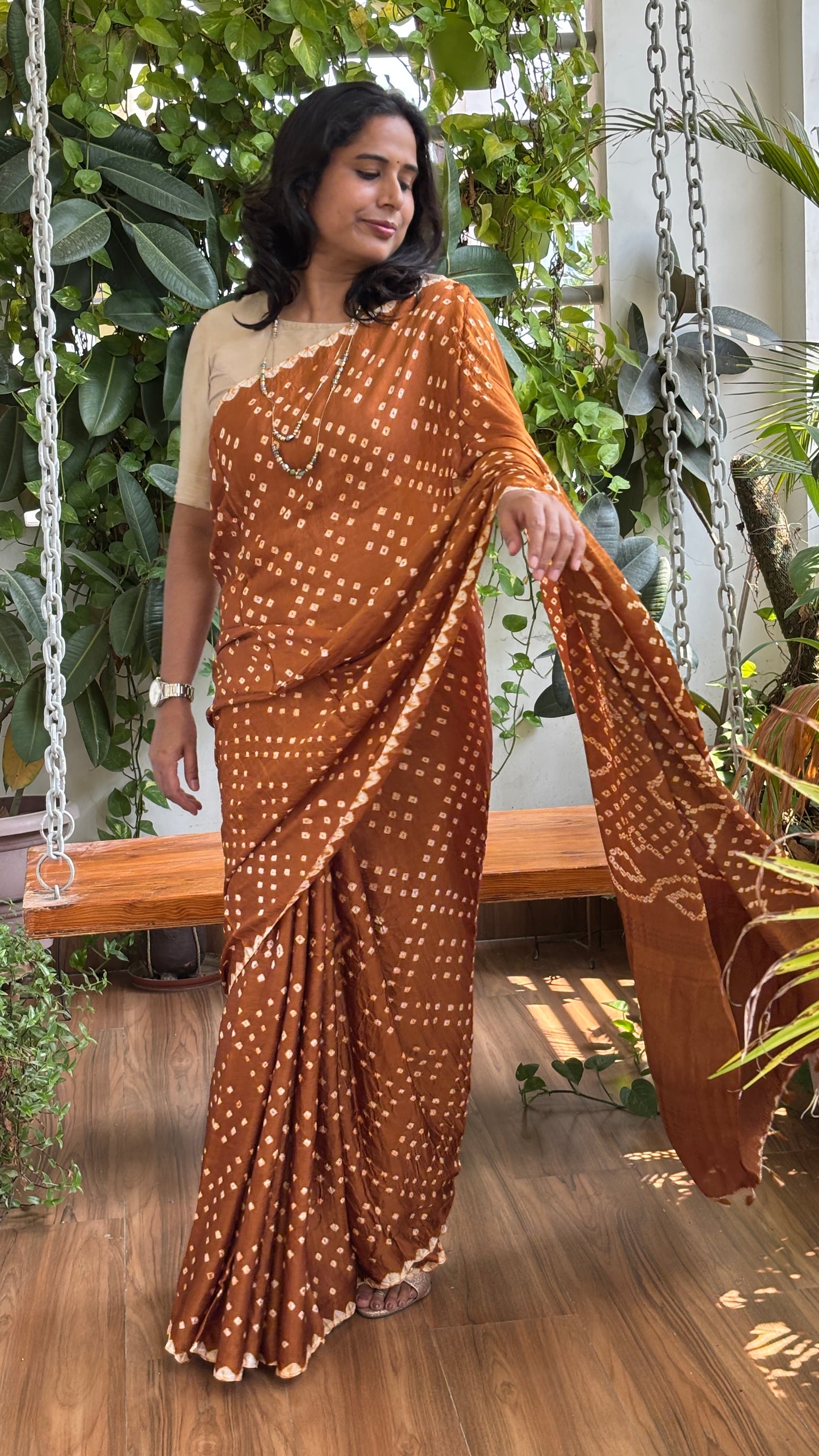 Mustard Yellow Colour Hand Bandhej Modal Saree