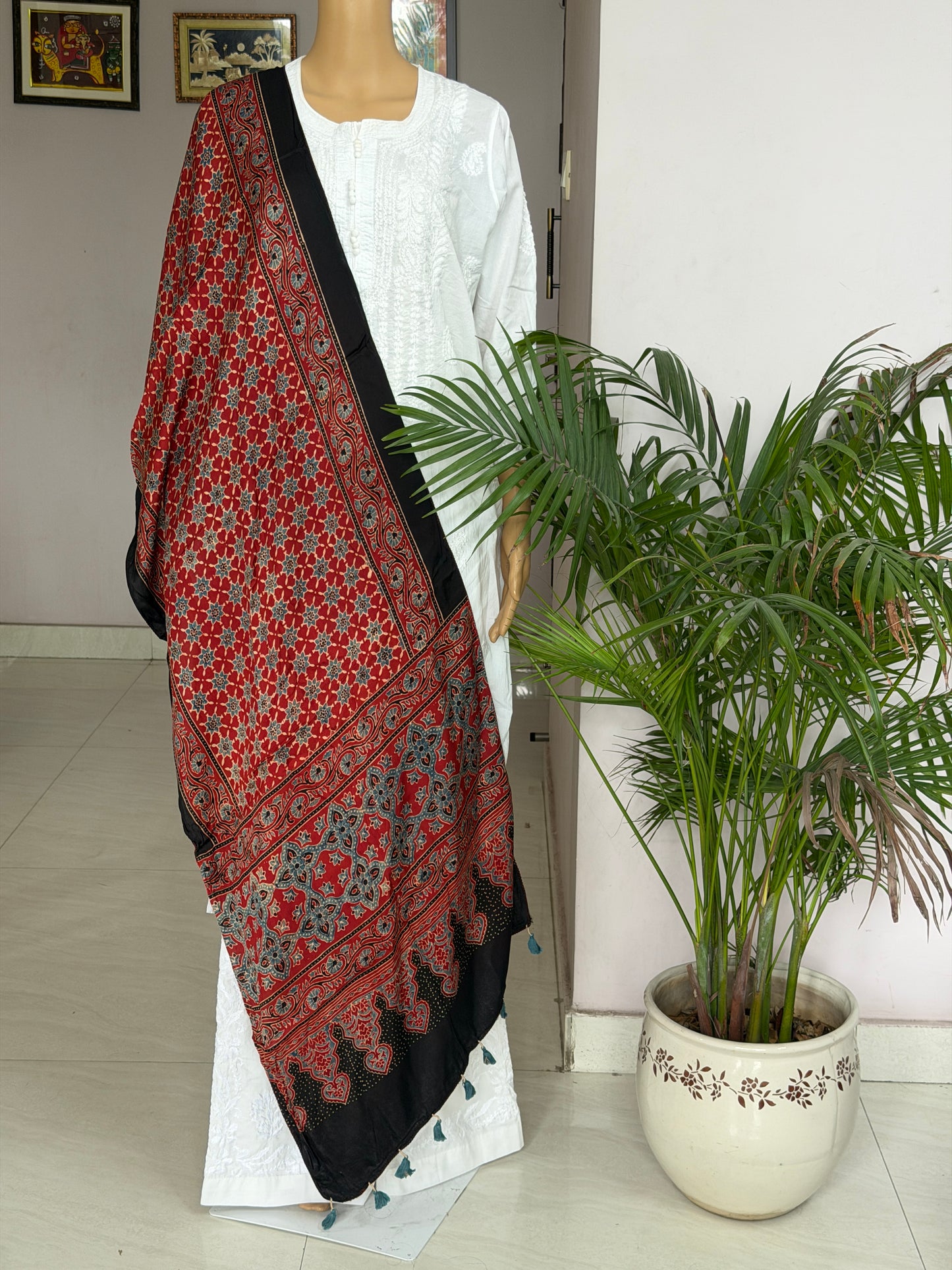 Ajrakh Hand Block Printed Modal Stole In Madder Red Colour