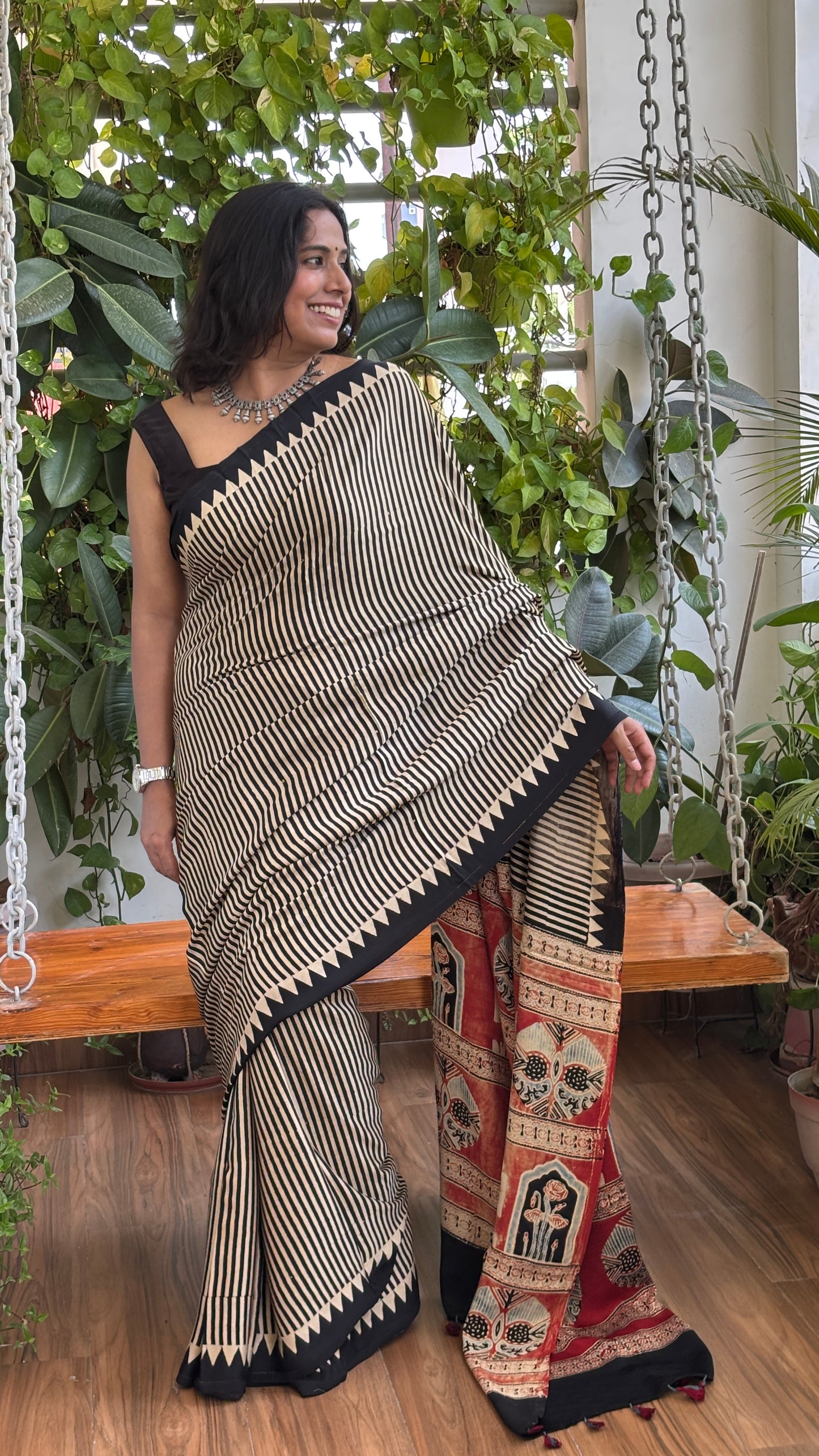 Astha - Natural Dyed Pale Ivory and Black Stripe Contemporary Saree with Contrast Palla