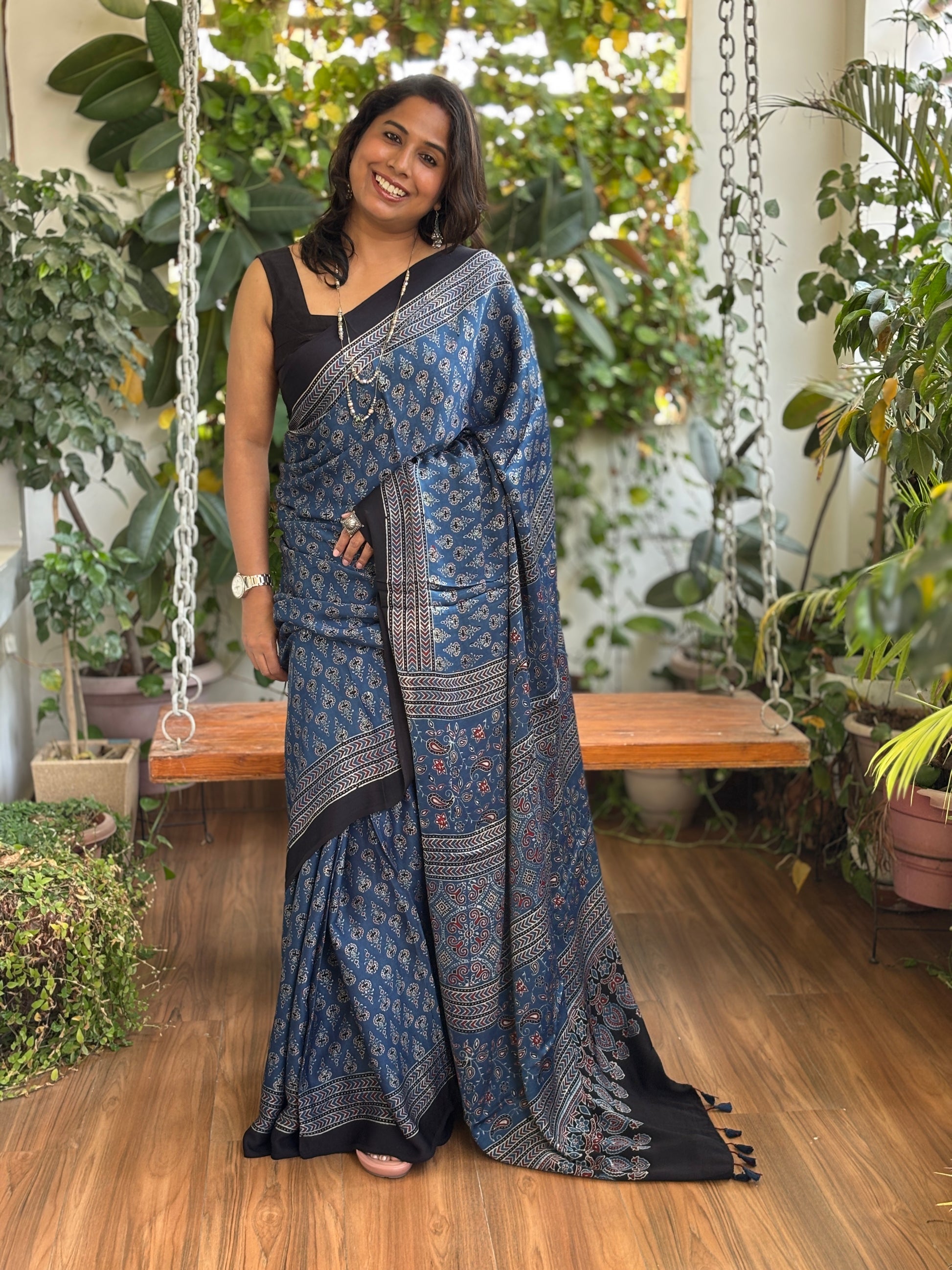 Indigo Ajrakh Modal Saree, Ajrakh modal saree, straight  view 