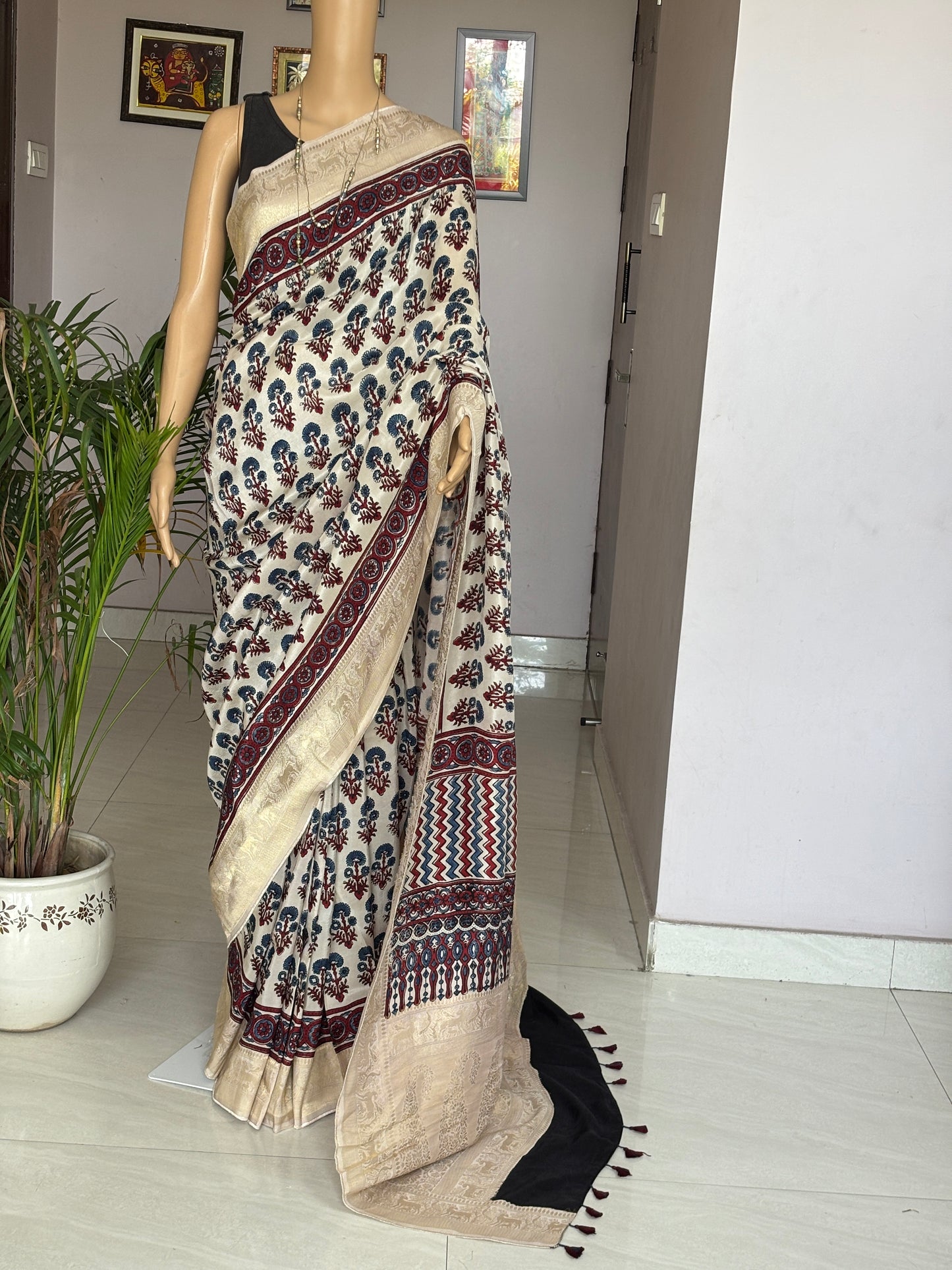 Pale Ivory Ajrakh Hand Block Printed Marigold Motif Dola Silk Saree