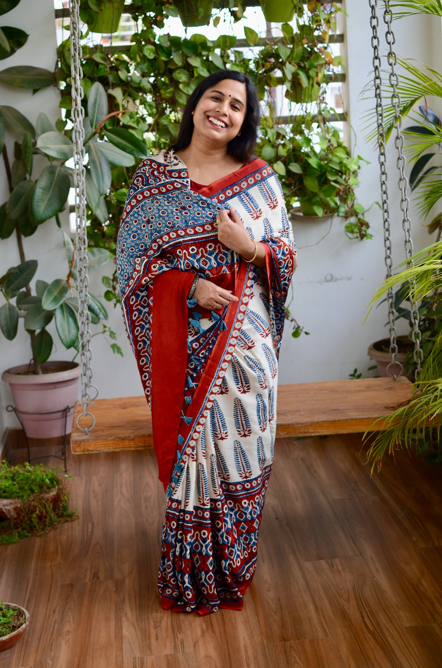 Alpana (Natural Dyed Ajrakh Pale Ivory and Madder Cloour Ashoka Motif Modal Saree)