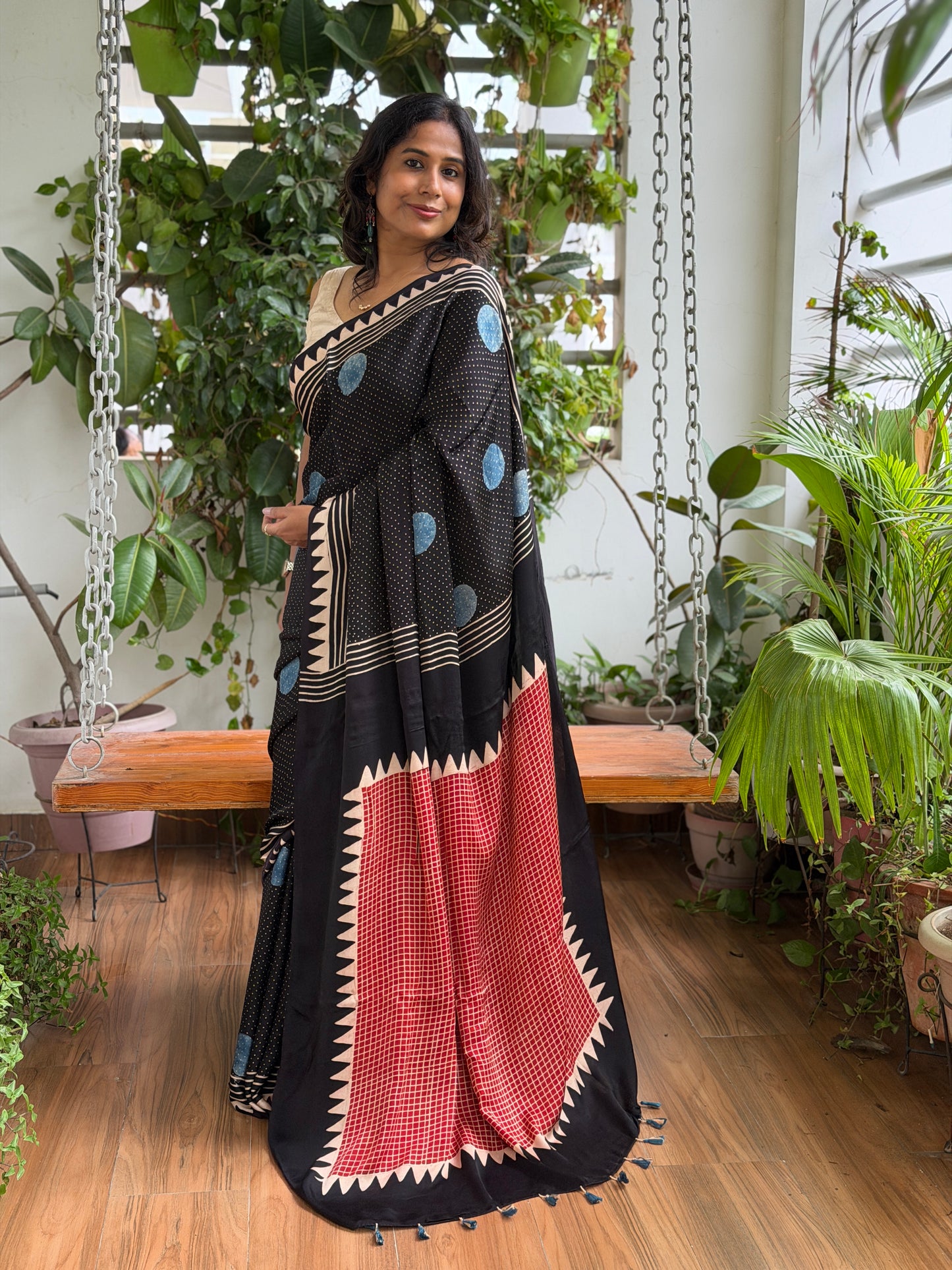Ajrakh Modal Black and Indigo Contemporary Saree