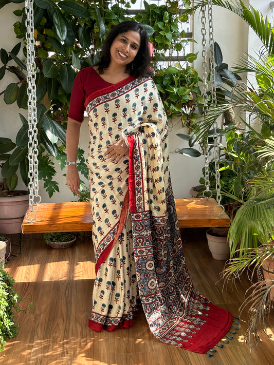 Sada - Natural Dye  Pale Ivory Modal Premium Saree With Indigo Marigold