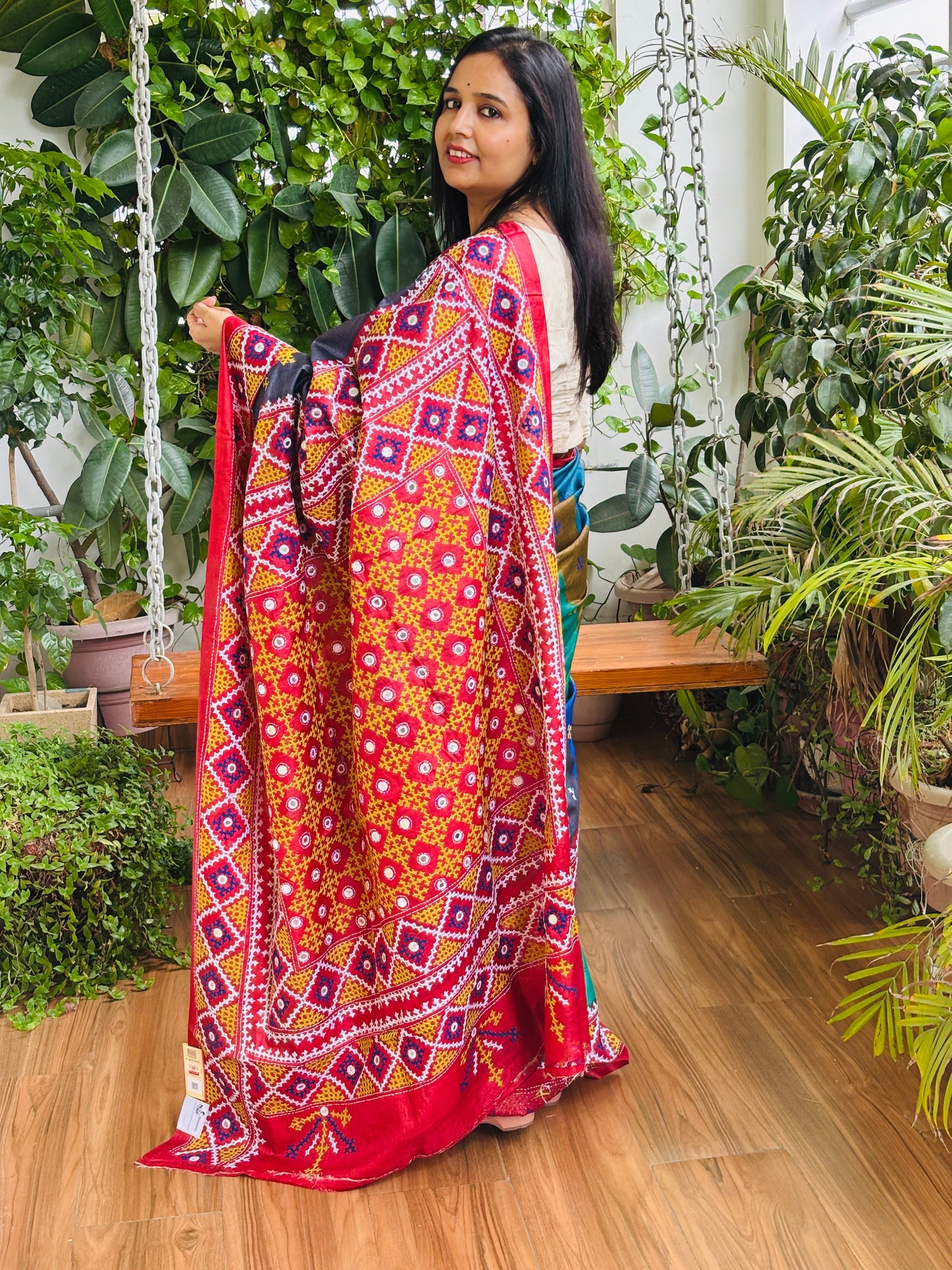 Gujrati Hand Embroidered Pure Tussar Silk Saree in Multi Colour Body and Rust Red Palla