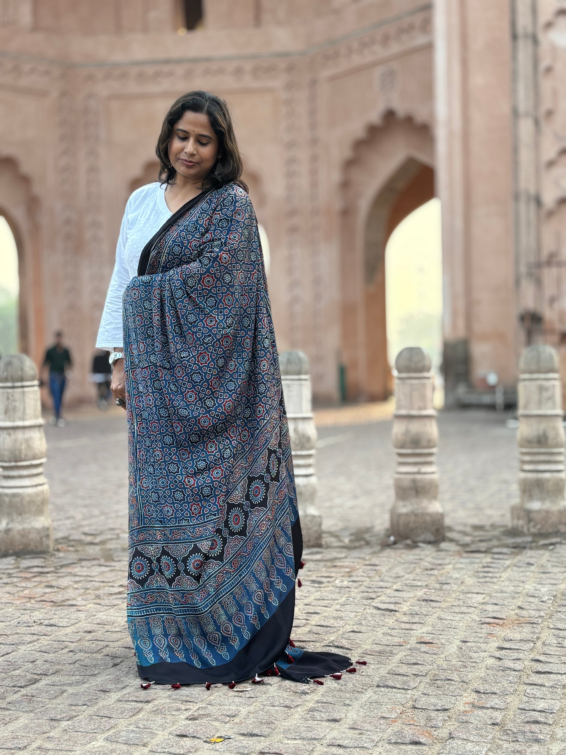 Indigo Colour Small Geomertical Motif Pure Modal Dupatta,ajrakh modal dupatta,down view.