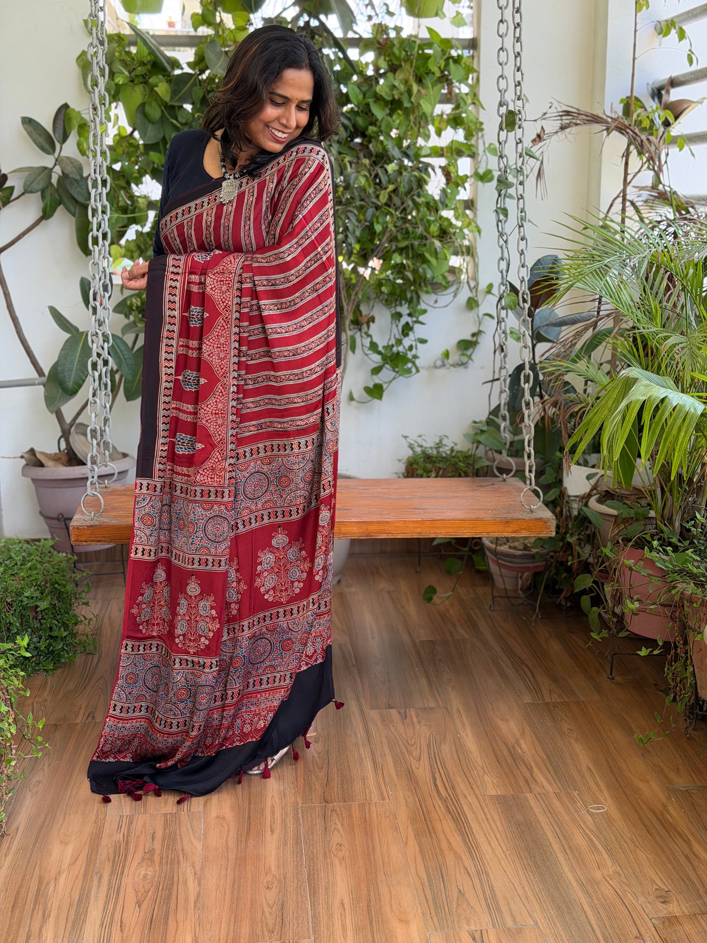 Madder Colour Ajrakh Modal Saree