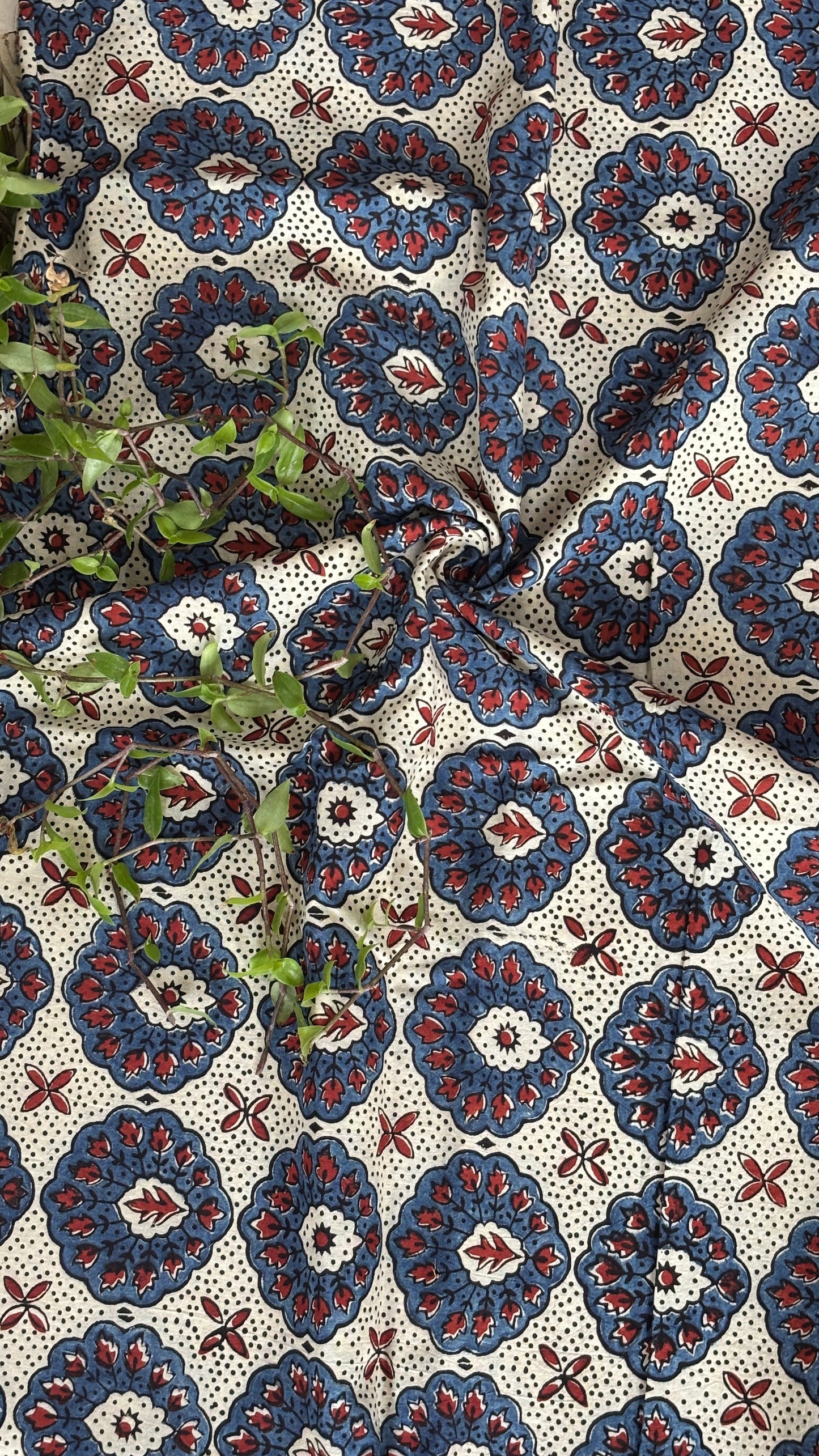 Pale Ivory Colour Natural Dyed Ajrakh Hand Block Printed Peacock Feather Motif Organic Cotton Fabric