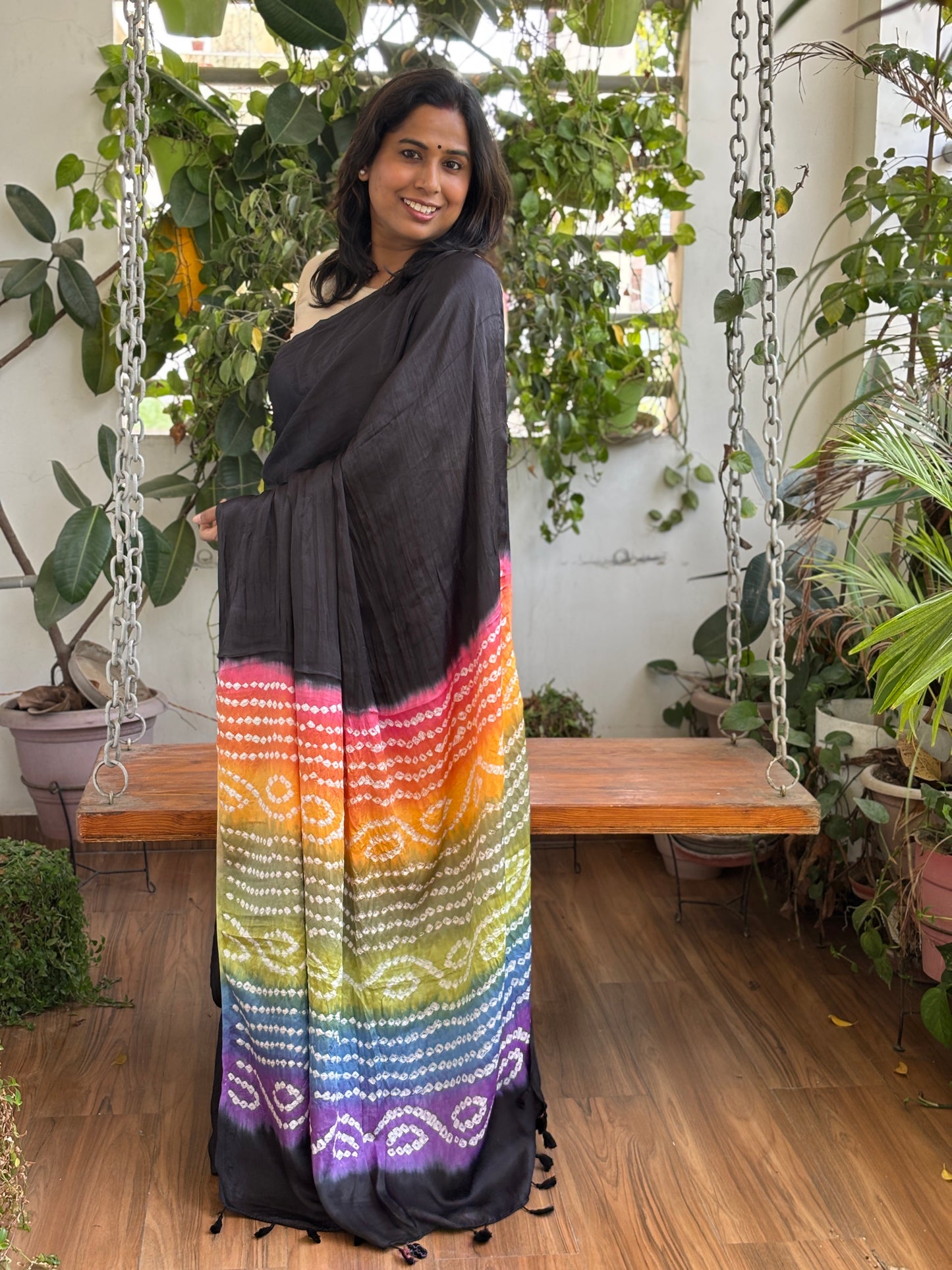 Charcoal Black Solid Colour  Semi Modal Saree with Multi Colour Bandhej Palla