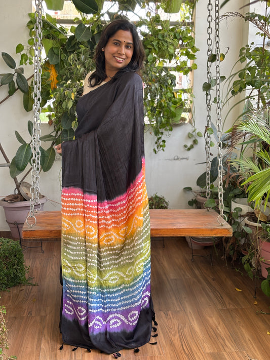 Charcoal Black Solid Colour  Semi Modal Saree with Multi Colour Bandhej Palla