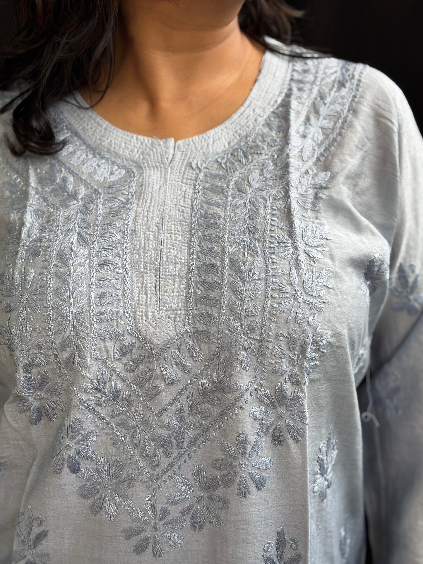 Chanderi Cotton Chikan Hand Embroidered Ombre Dyed Kurti