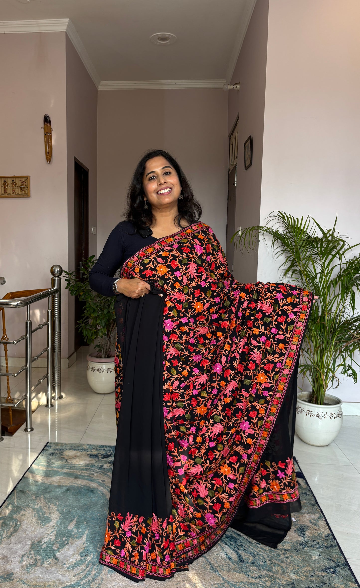 Aari Embroidered Georgette Saree Black