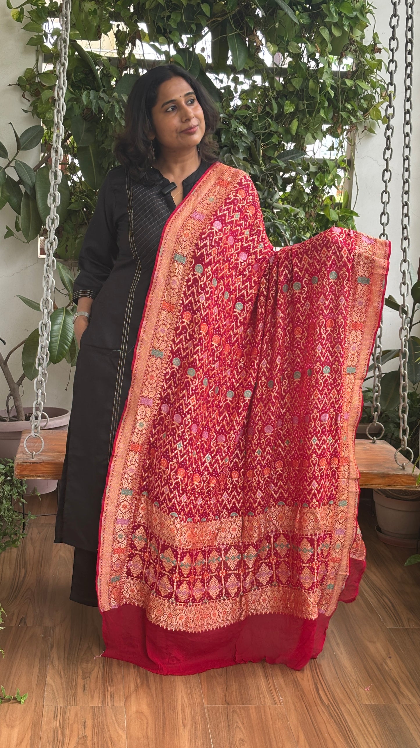 Pure Khaddi Georgette Handloom Rai Bandhej Banarasi Dupatta