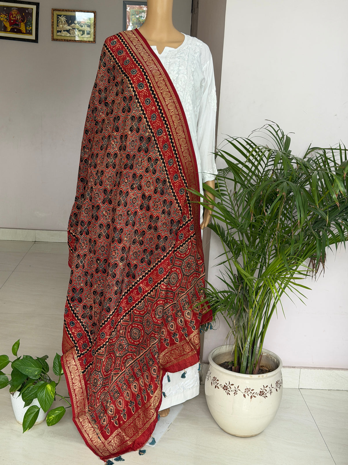Ajrakh Dola Silk Dupatta With Zari Weaved Border
