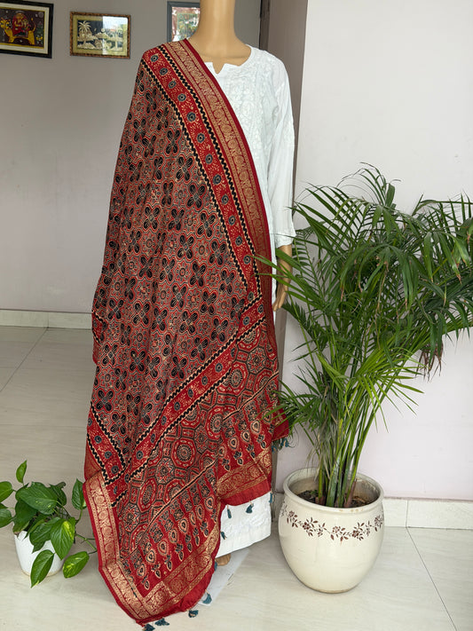 Ajrakh Dola Silk Dupatta With Zari Weaved Border