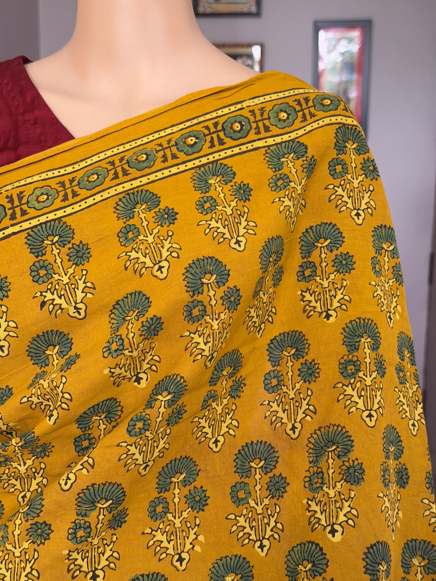 Cotton Ajrakh Hand Block Printed Contemporary Saree