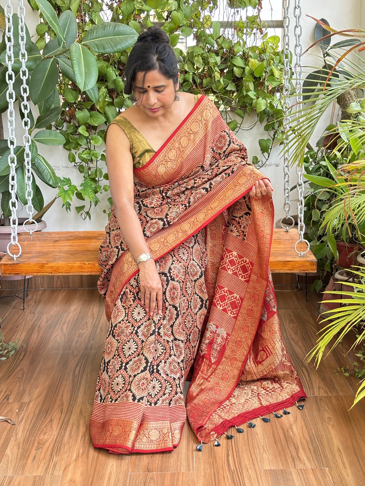 Utsav- Beautiful Natural Dyed Ajrakh Traditional Motif Dola Silk Saree