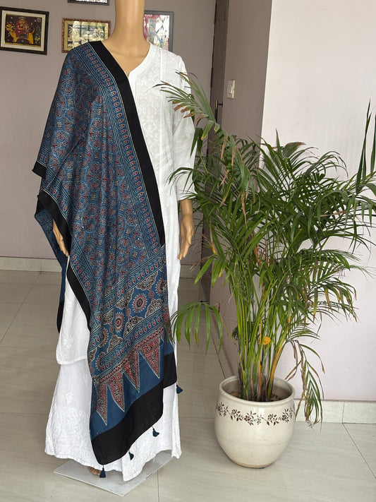 Indigo Colour Natural Dyed Ajrakh Hand Block Printed Circular Jaal Motif Modal Stole