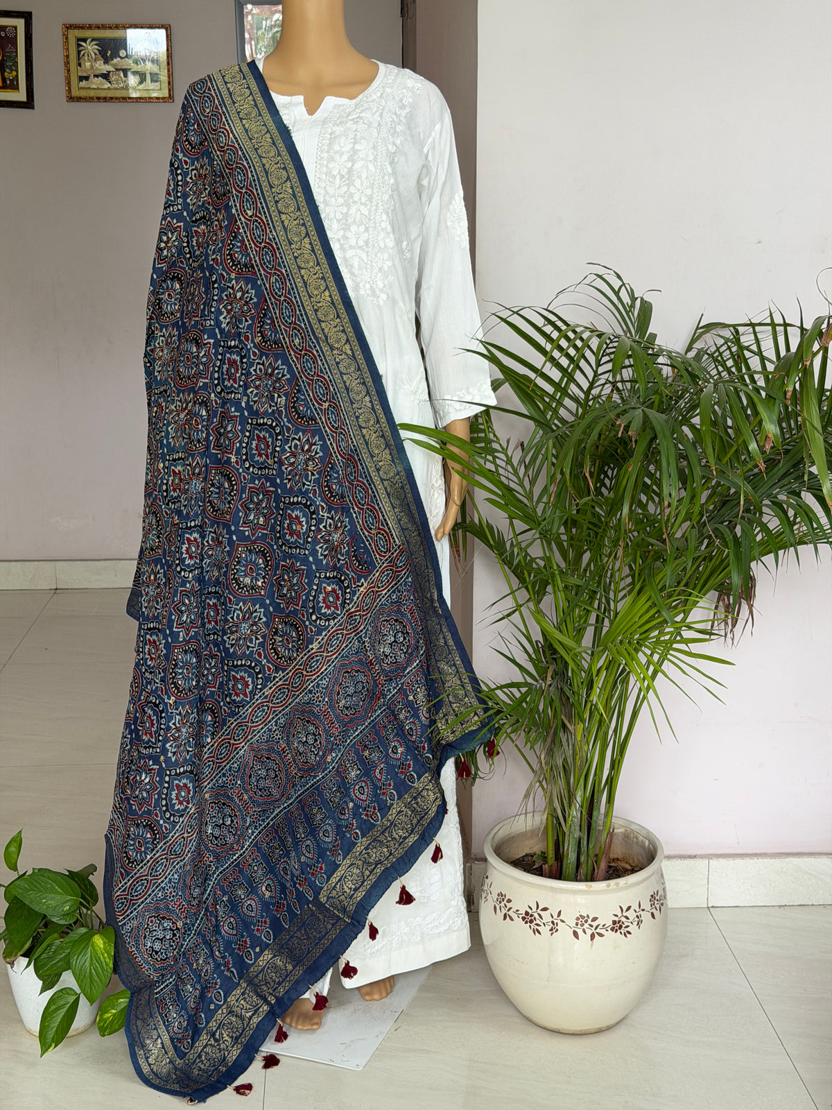 Ajrakh Dola Silk Dupatta With Zari Weaved Border