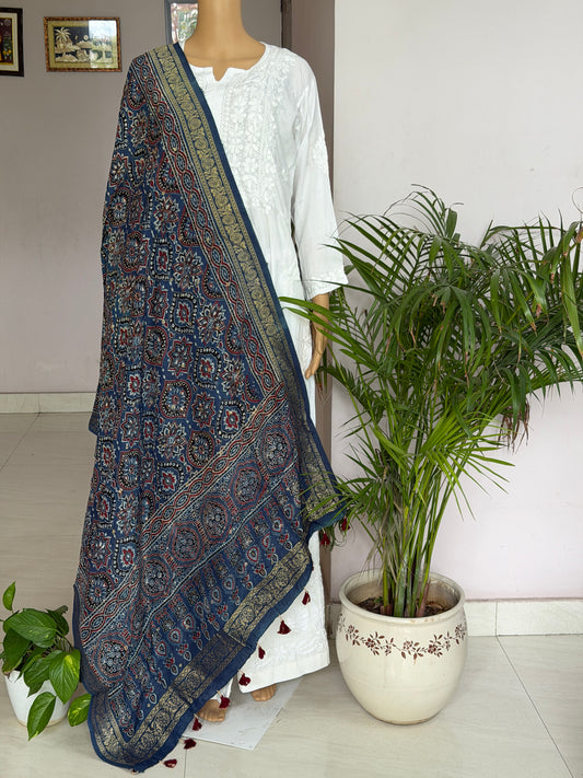 Ajrakh Dola Silk Dupatta With Zari Weaved Border