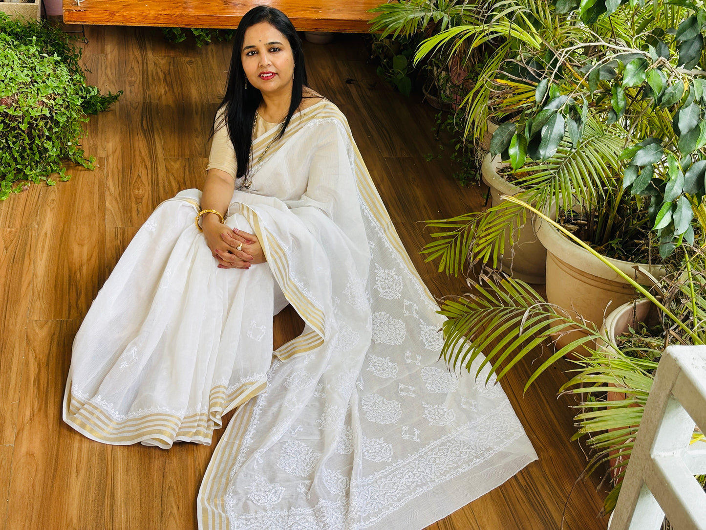White Colour Candri Cotton Chikankari Hand Embroidered Saree