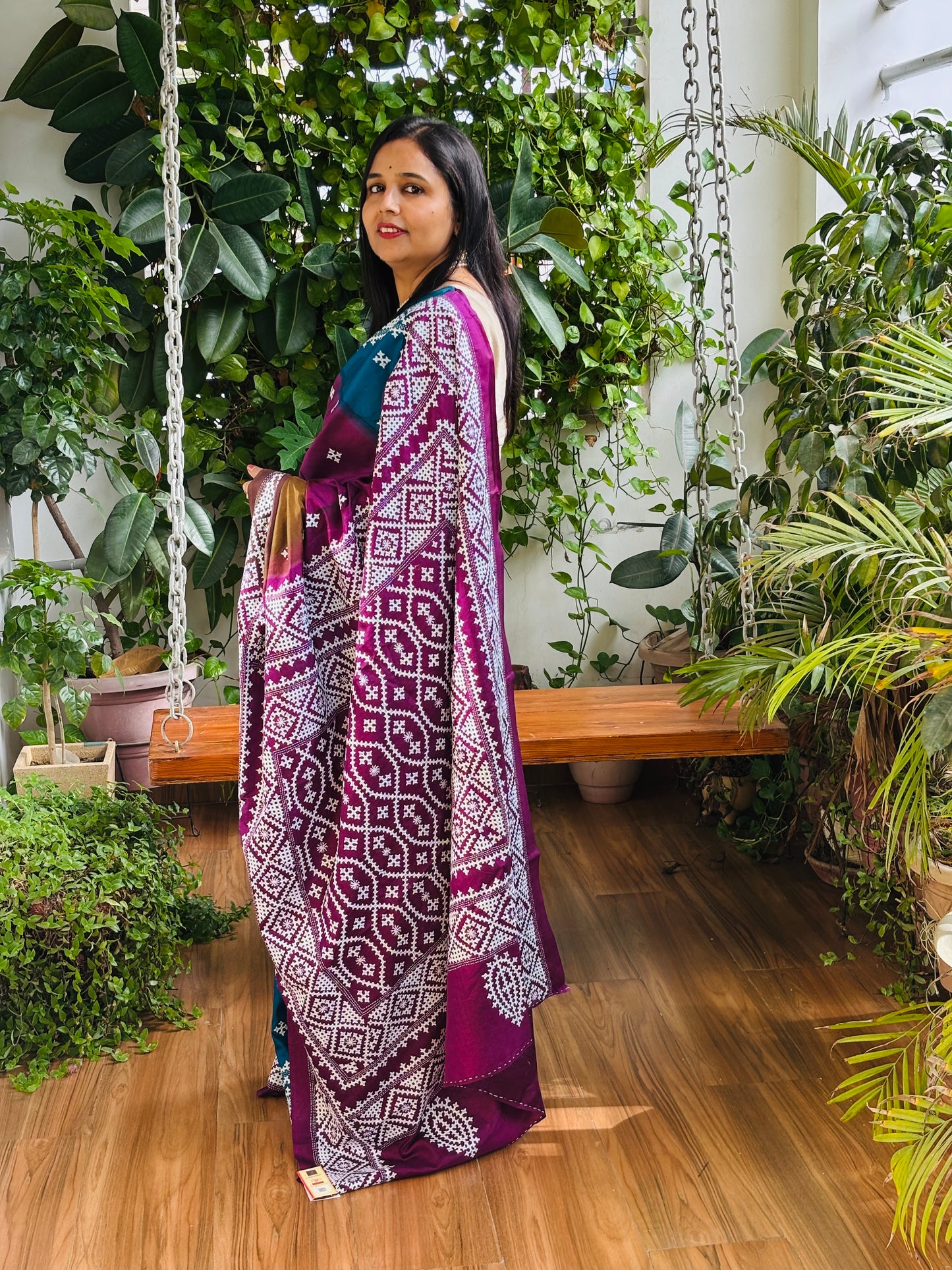 Gujarati Hand Embroidered Pure Bangalore Silk Saree in Multi Colour Tie and Dyed Body and Purple Palla