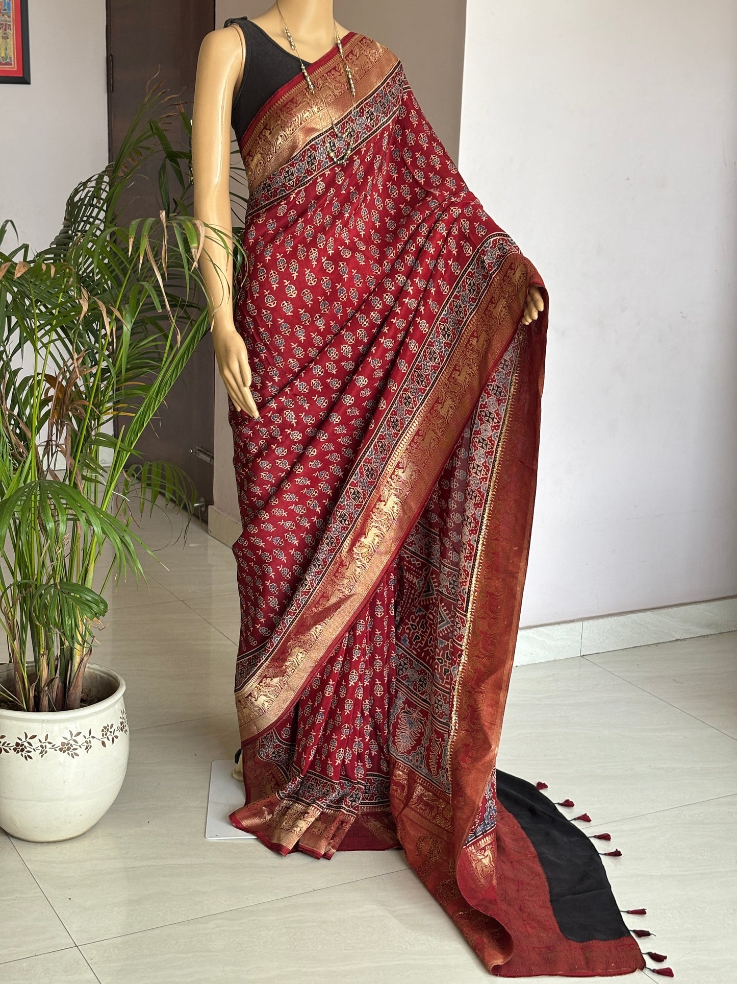Madder Red  Ajrakh Hand Block Printed Smal Floral Buta Dola Silk Saree